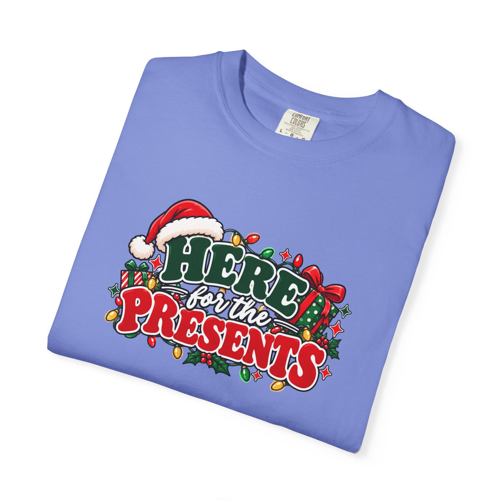 Light blue crew-neck T-shirt with holiday graphic text "Here for the Presents"