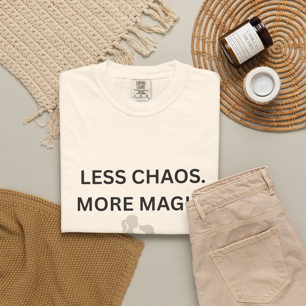 Less Chaos, More Magic T-Shirt — Woman + Dog Silhouette Graphic Tee