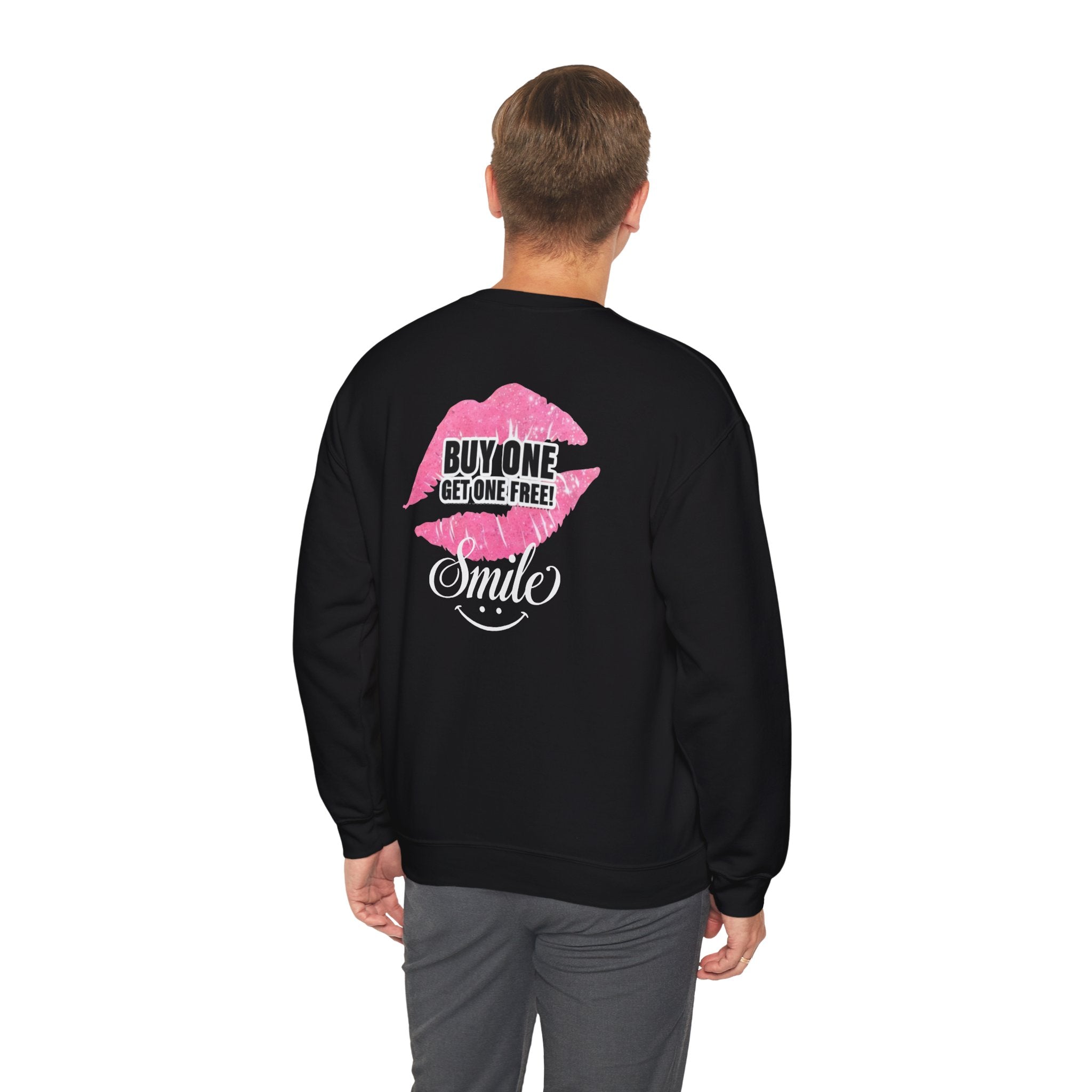 Black crewneck sweatshirt worn, pink "Buy One Get One Free" Smile back graphic
