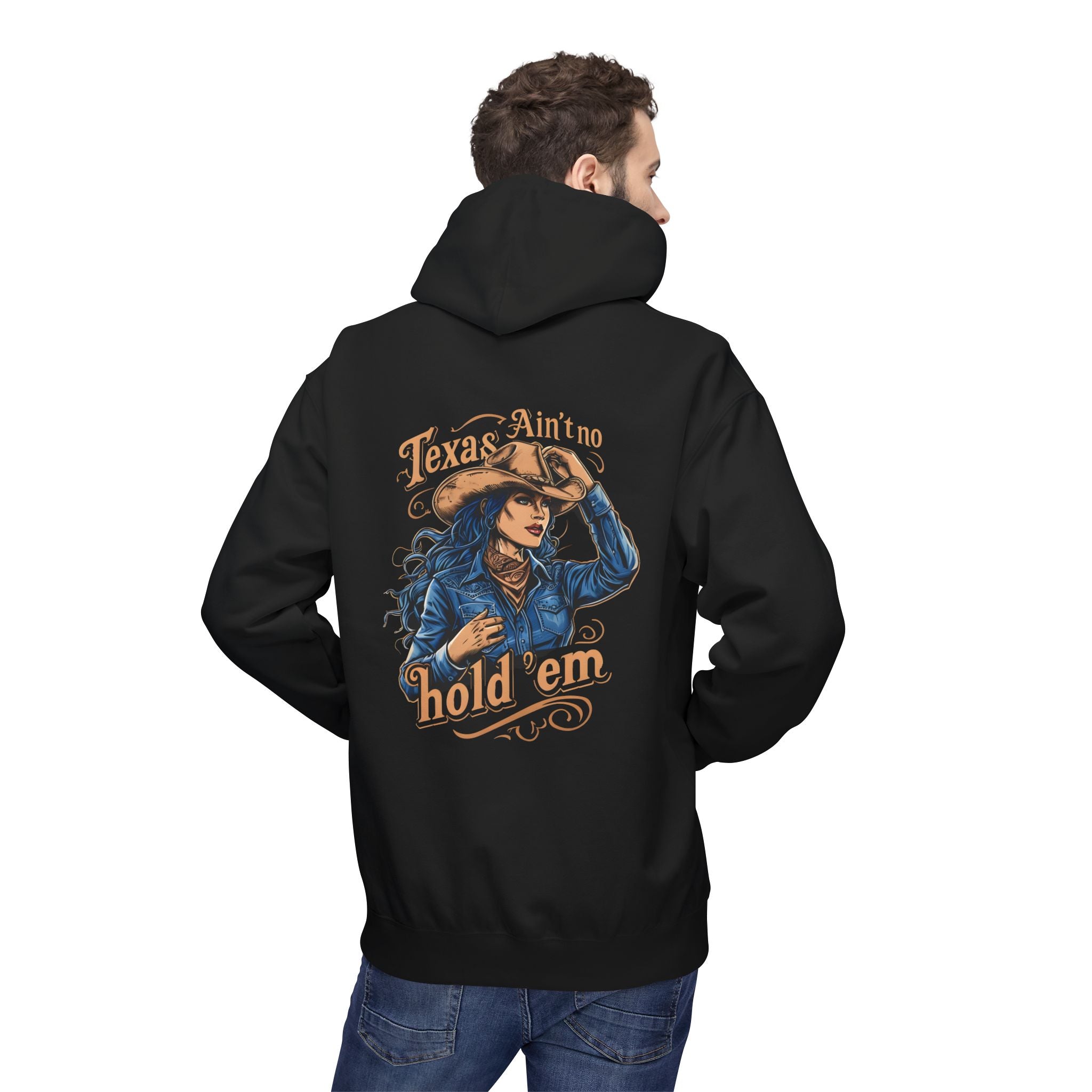 Black cowgirl hoodie pullover on model, back graphic print with 'hold 'em' text