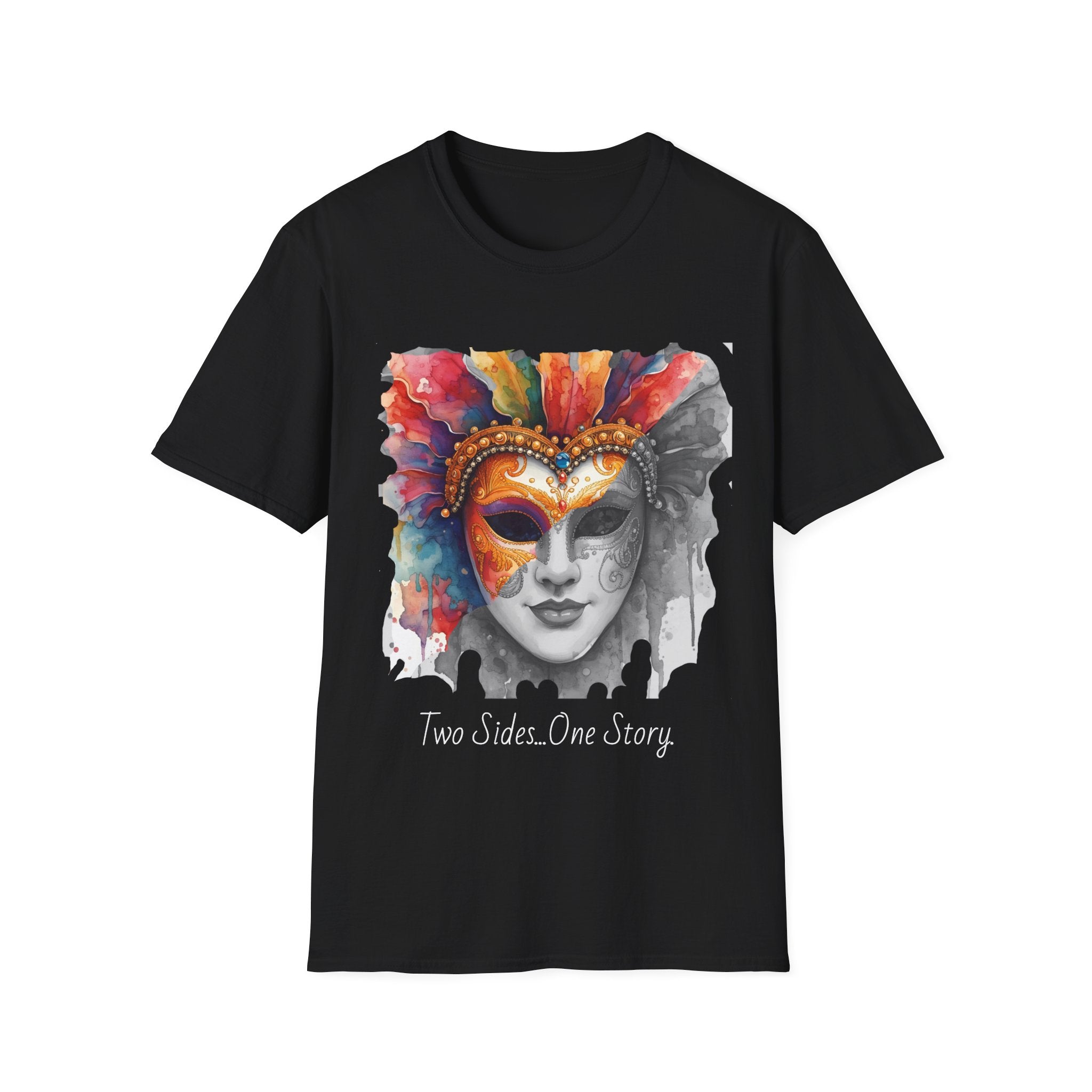 Black face T-shirt with colorful masquerade mask print and “Two Sides…One Story”