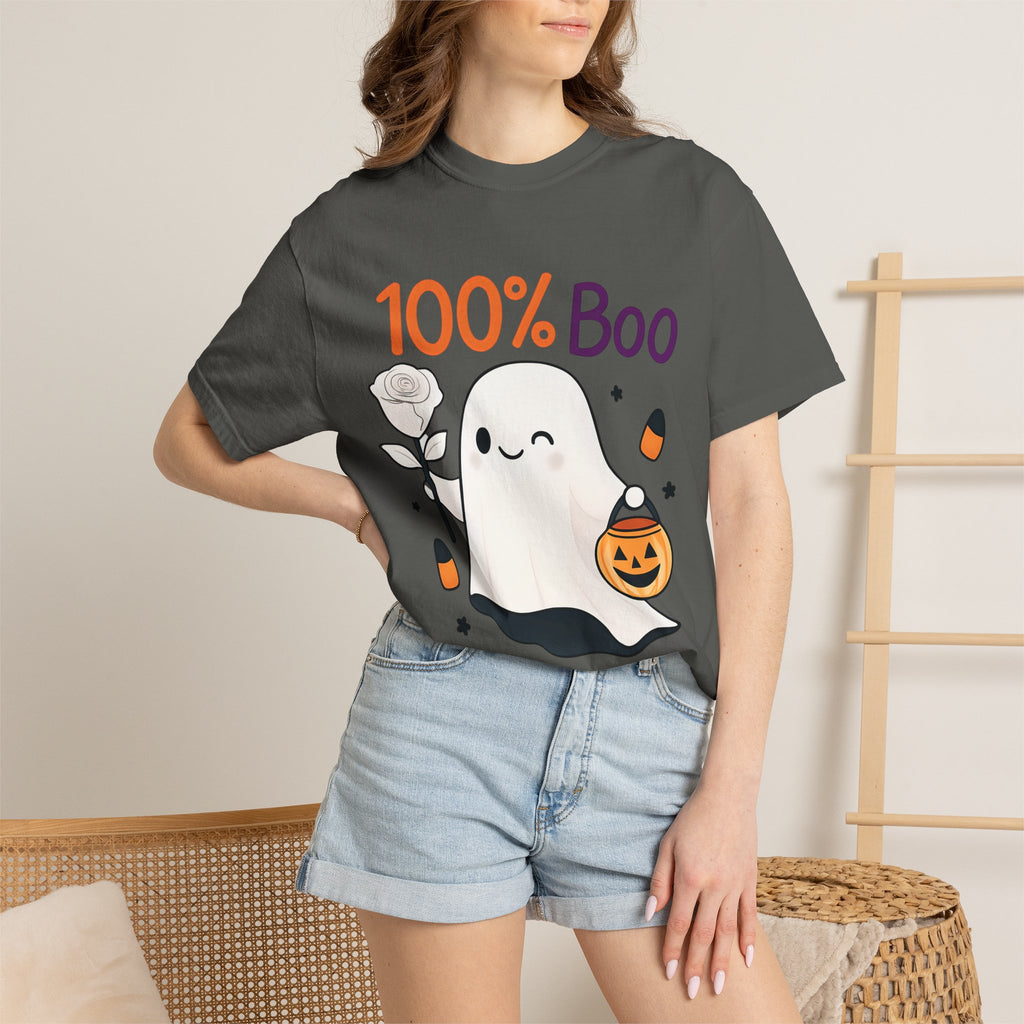 Dark gray t-shirt with '100% Boo' ghost and pumpkin graphic on model