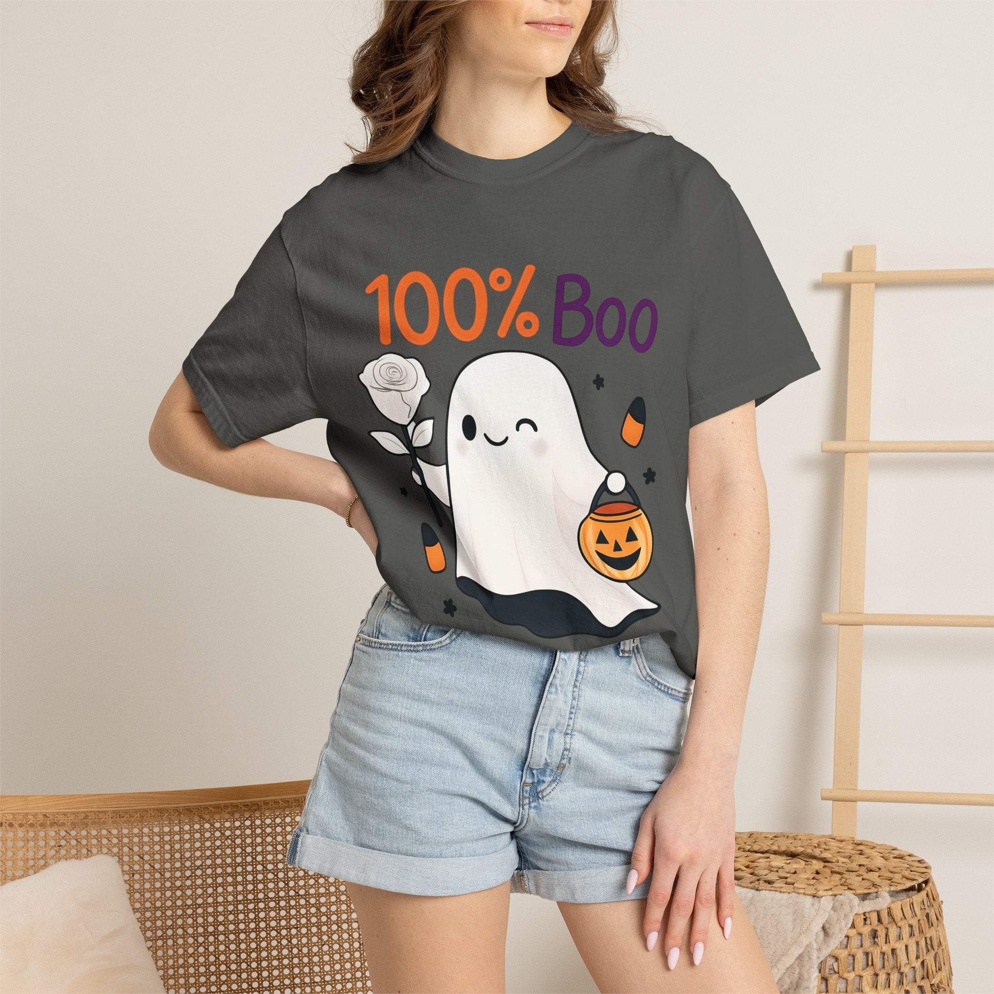 Dark gray t-shirt with '100% Boo' ghost and pumpkin graphic on model