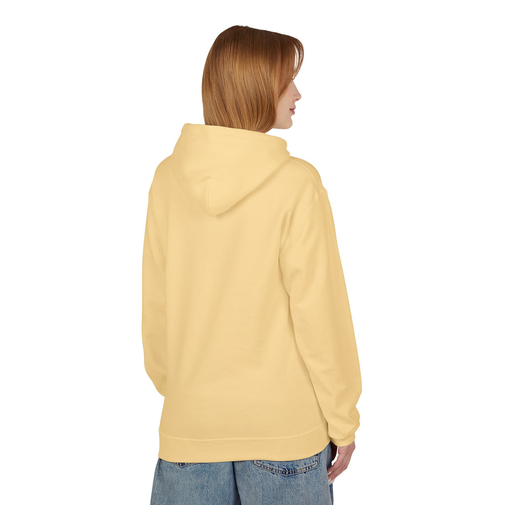 Sand hoodie, back view with hood and long sleeves