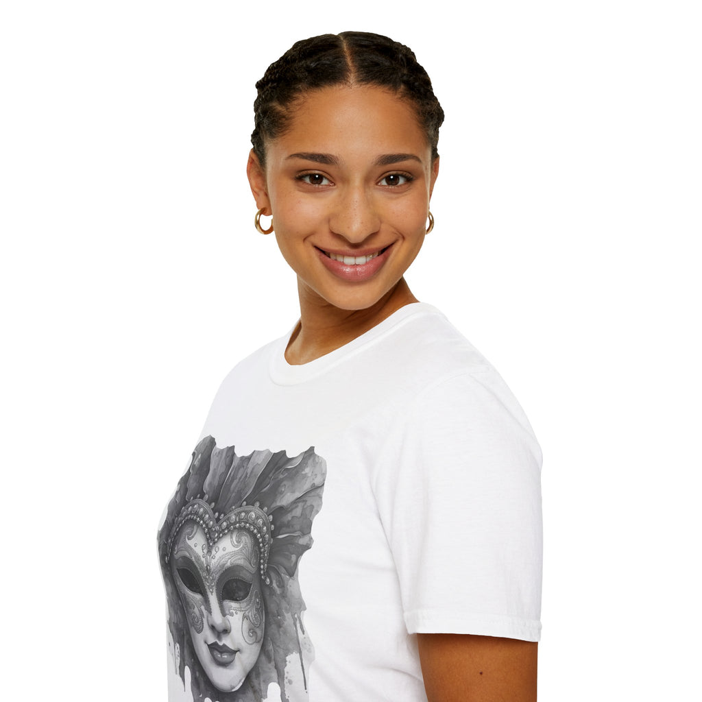 White face T-shirt with chest masquerade mask graphic, worn on model