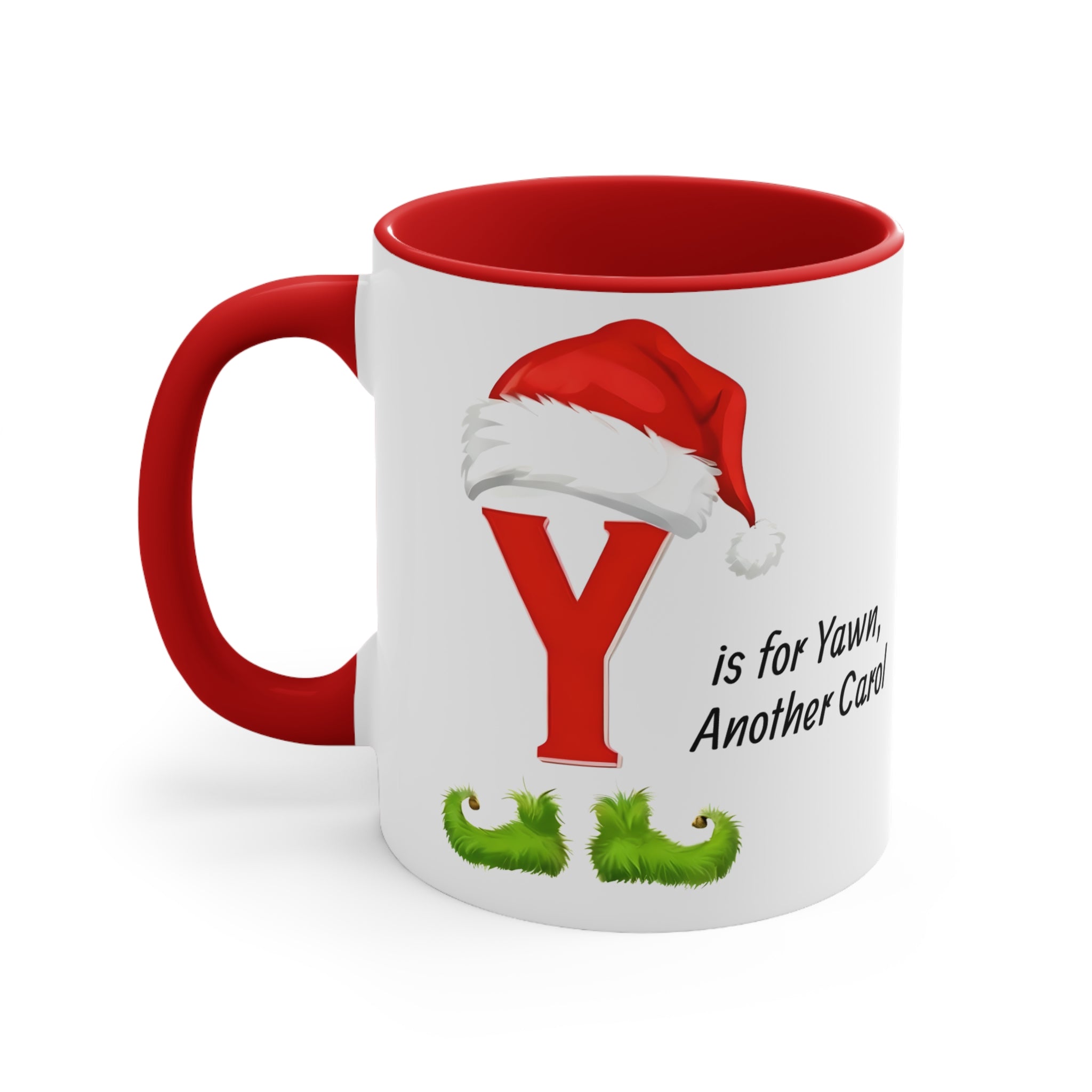 Red coffee mug with Santa hat over red Y, green feet, 'is for Yawn' text