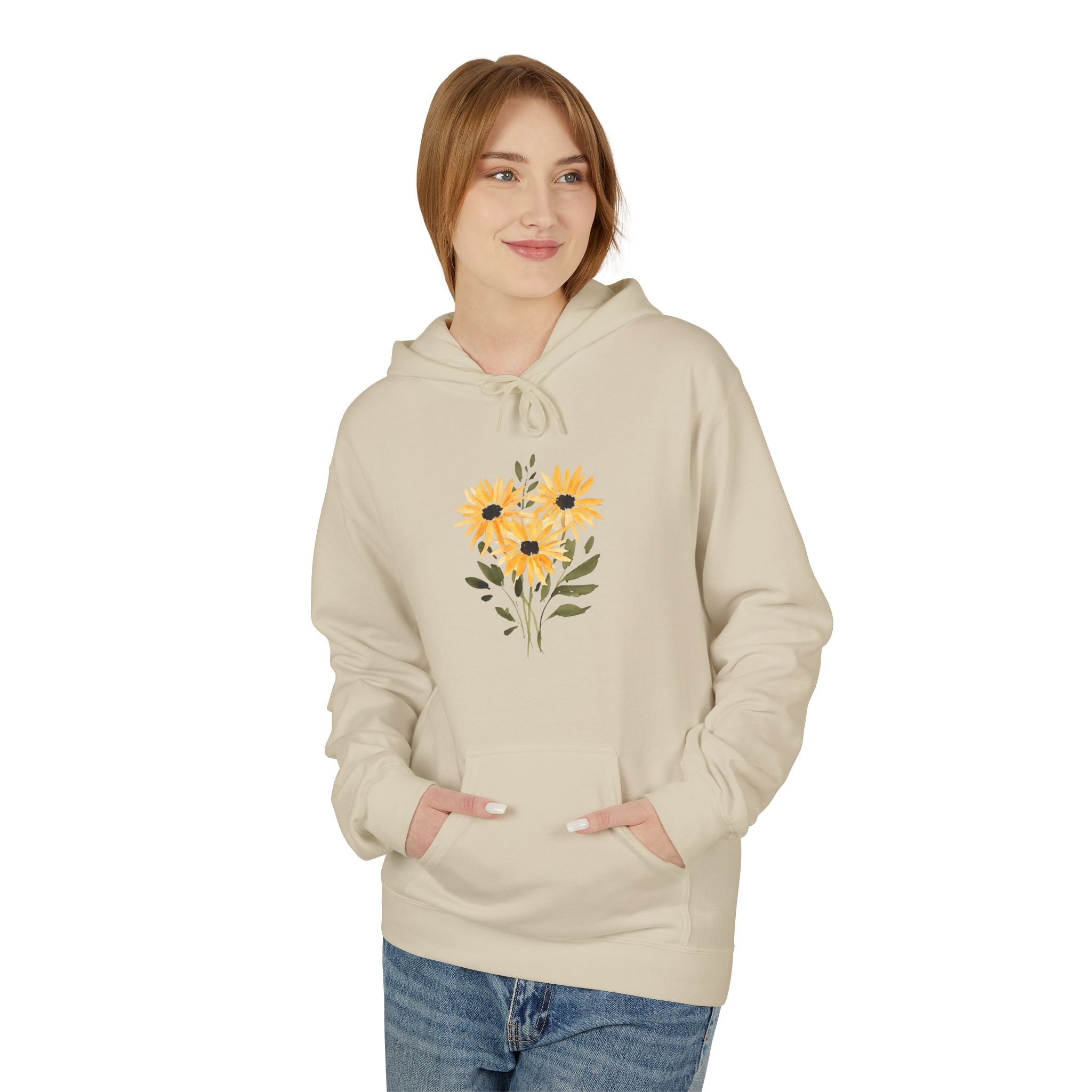Sand hoodie with hood drawstrings, kangaroo pocket, and sunflower heart chest graphic