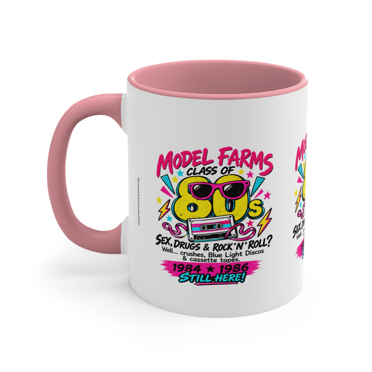 Pink handle ceramic coffee mug with colorful retro farm-and-cassette graphic