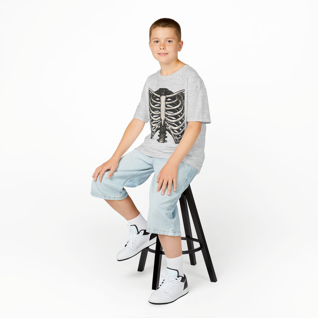 Kids ash gray skeleton ribcage graphic t-shirt worn by a child, crew neck short sleeves
