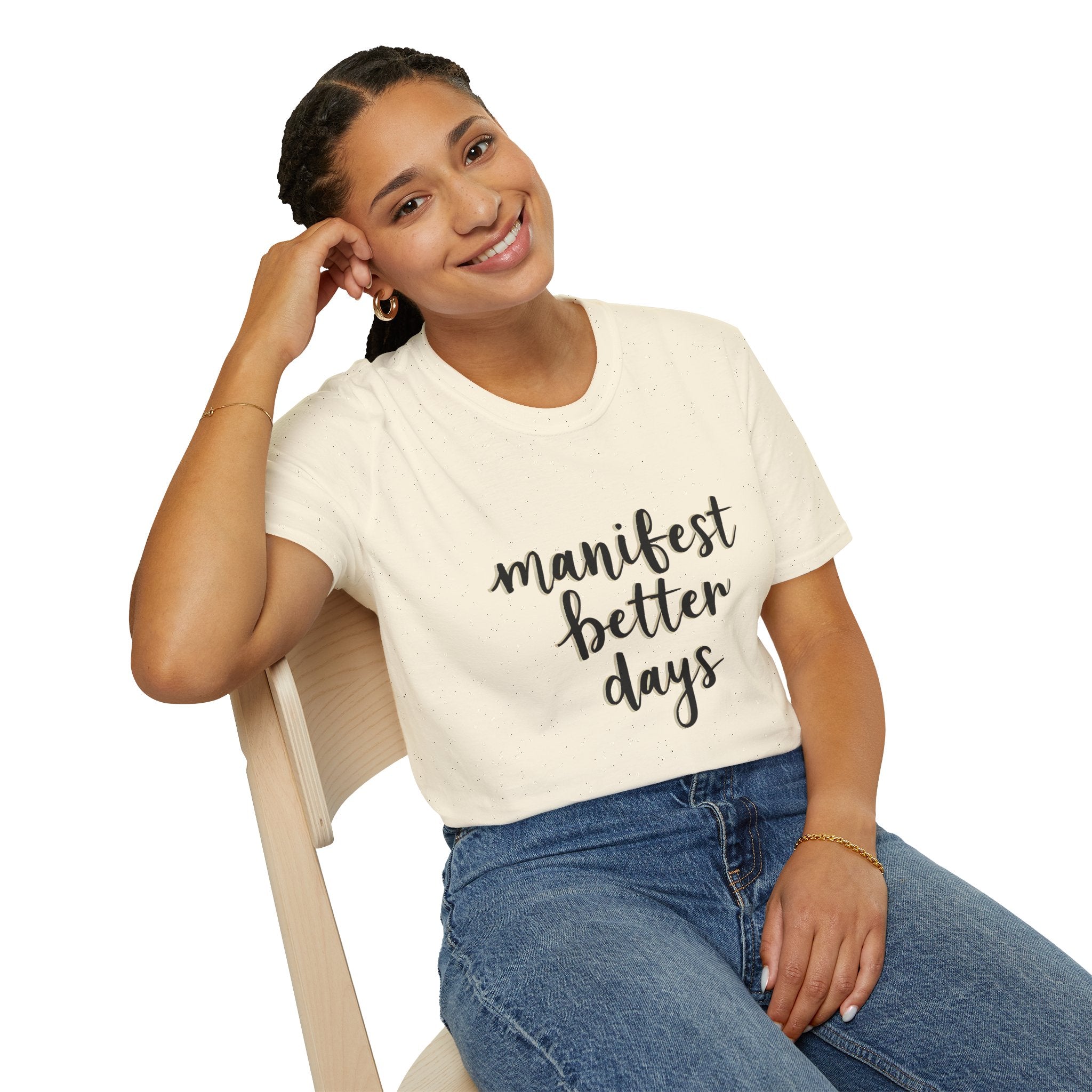 Unisex softstyle T-shirt, white, 'manifest better days' front graphic