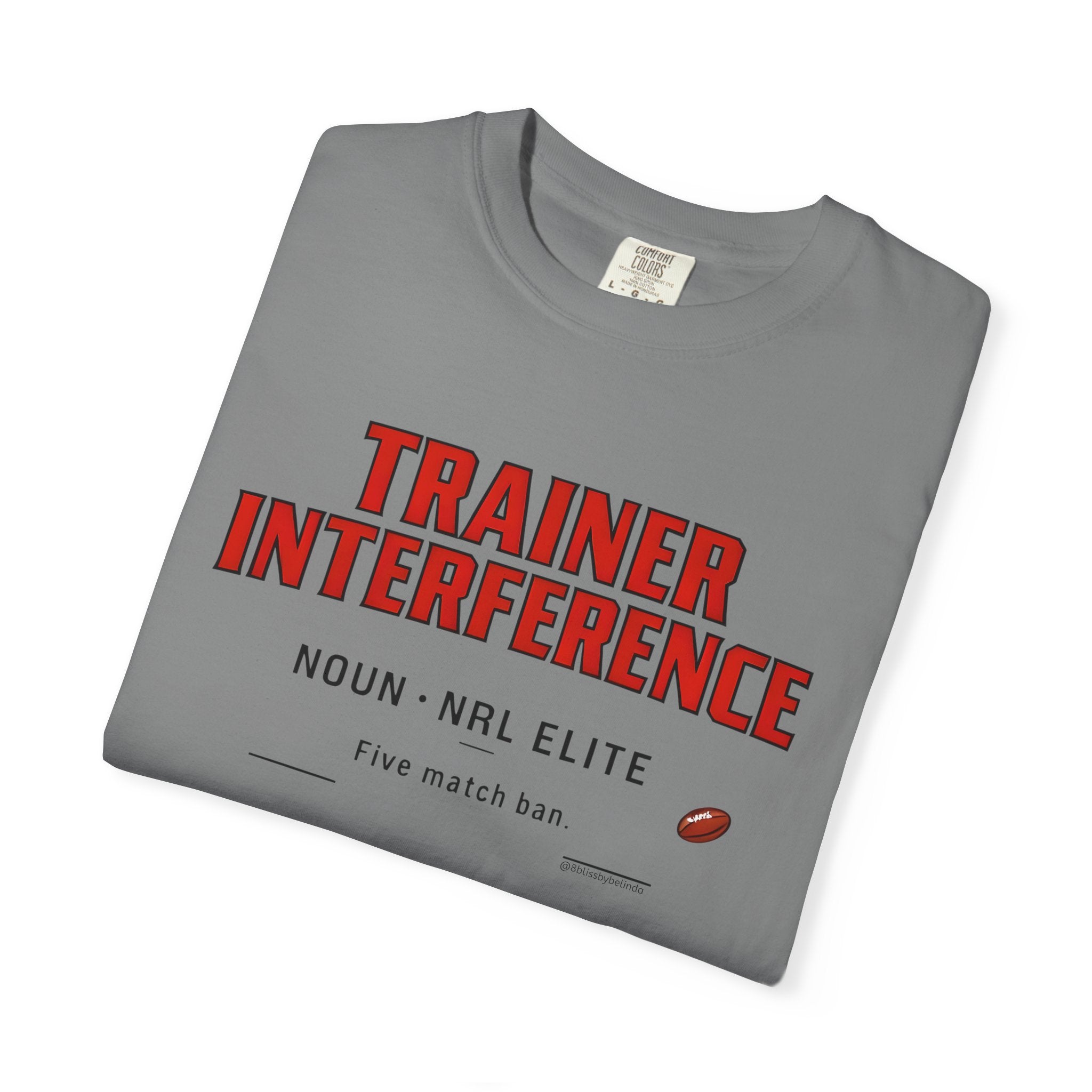 Dark grey graphic t-shirt with large red 'TRAINER INTERFERENCE' text print on front
