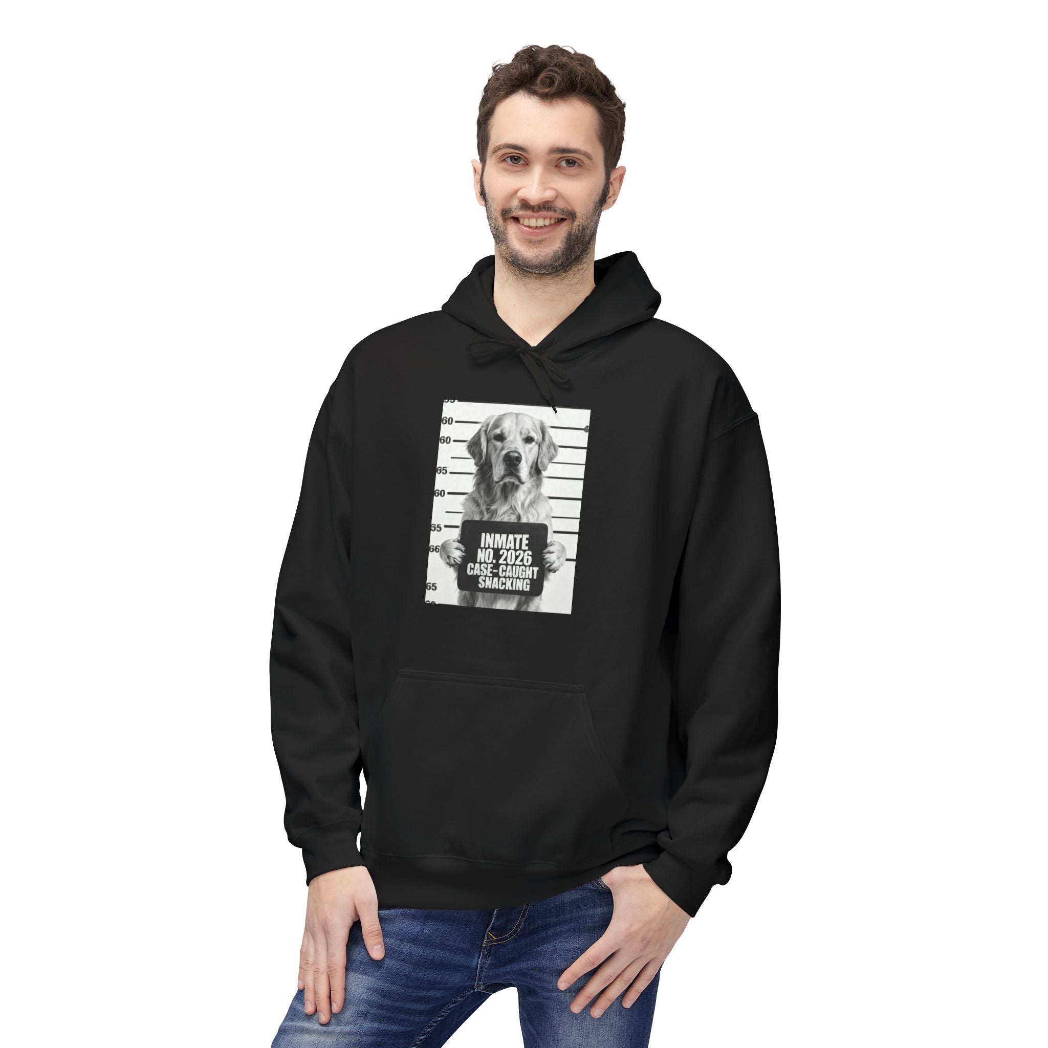 Black hoodie with hood and front pocket, retriever graphic centered on the chest