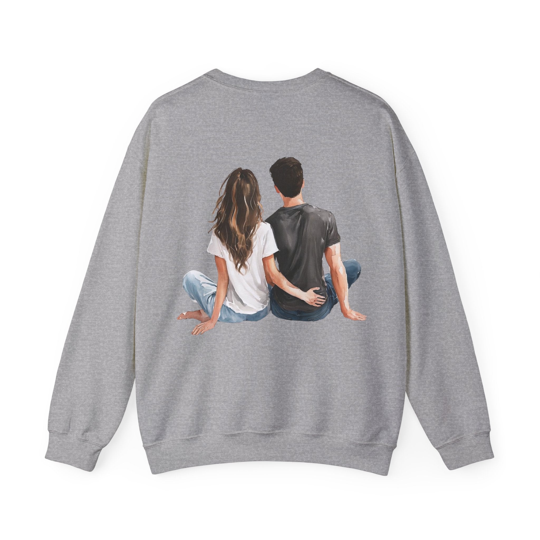 Sport grey crewneck sweatshirt, front view, couple graphic at center