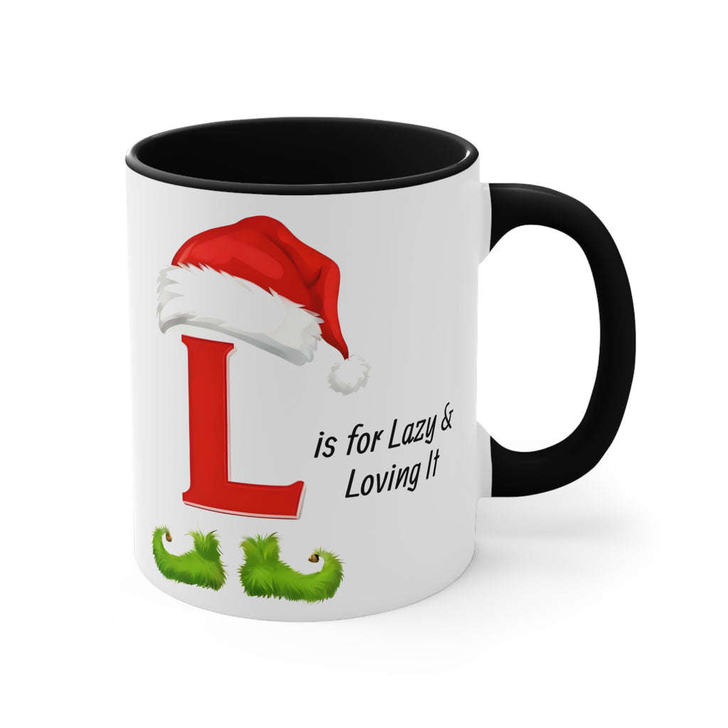 Christmas letter L mug, white with black handle; red L with Santa hat and green curly beard.