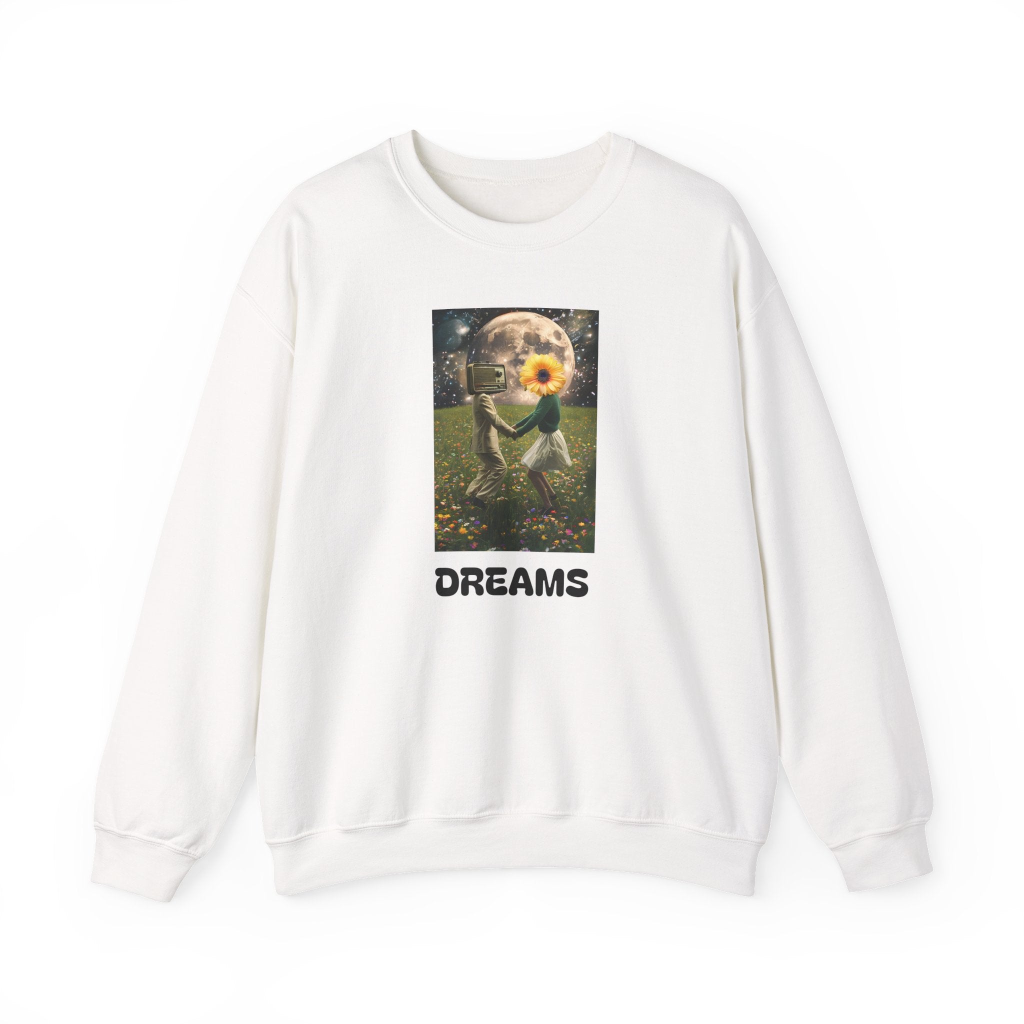 White sweatshirt with square front print and 'DREAMS' lettering, crew neck
