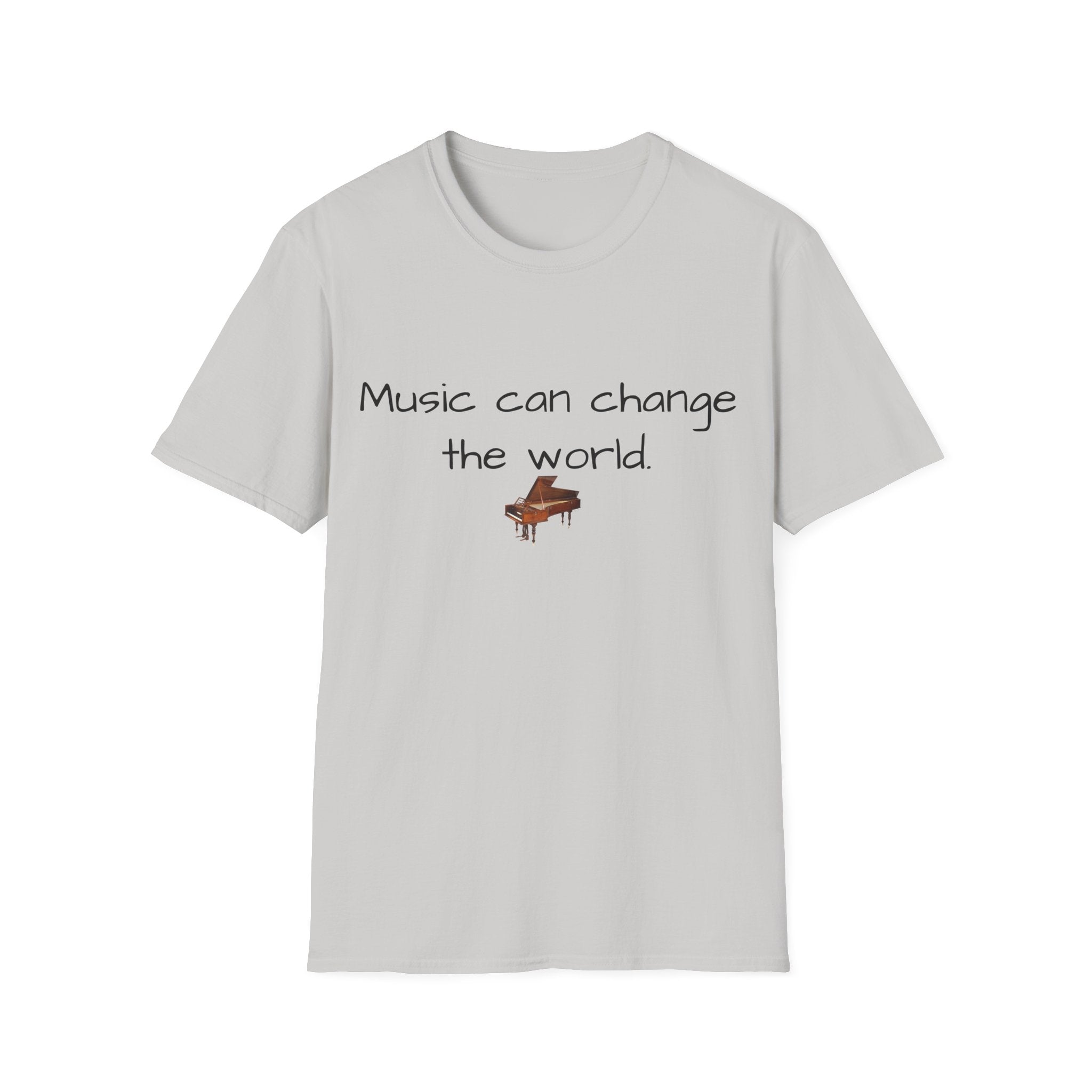Light gray unisex T-shirt with 'Music can change the world' text and piano graphic