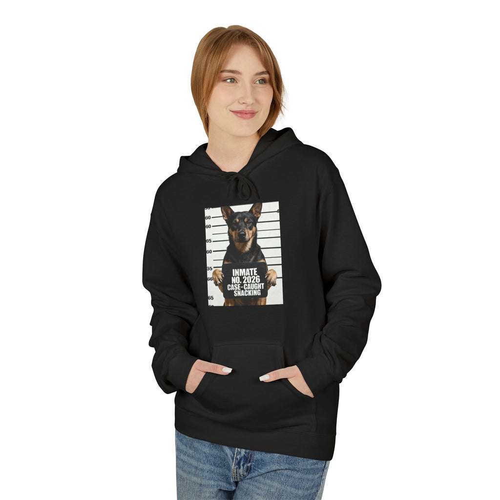 Black hoodie with front kangaroo pocket and chest graphic featuring a dog photo