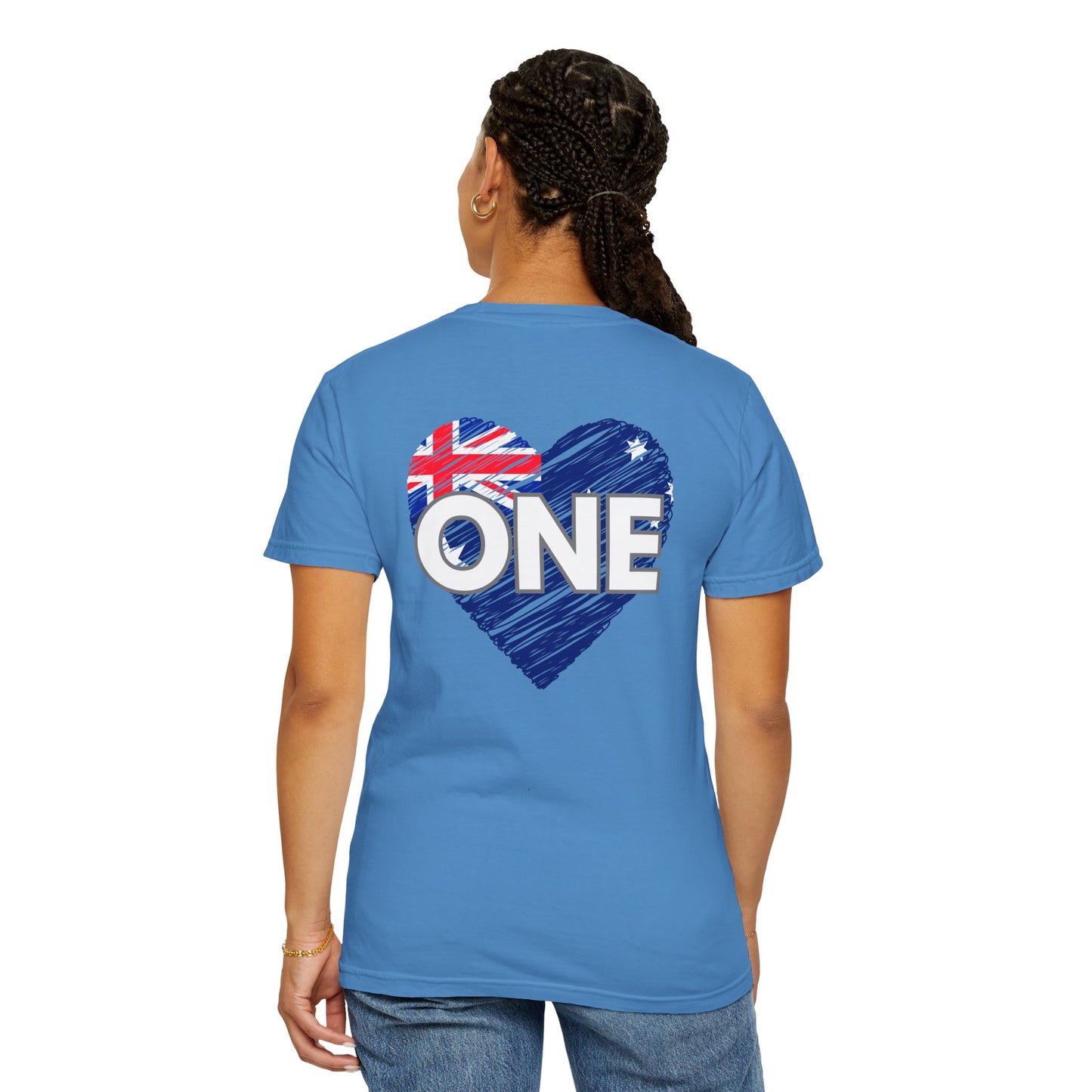 Unisex ONE Together Heart T-Shirt — "We Are All In This Together" Front Text, Australian Flag One Back Design