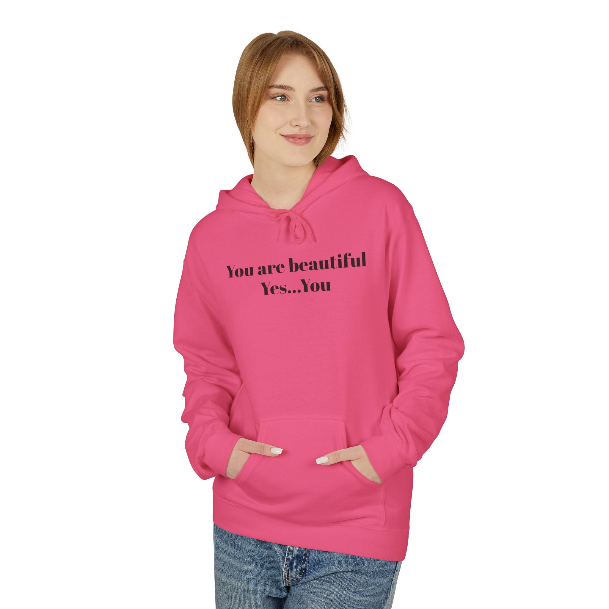 Magenta unisex hoodie with front text “You are beautiful / Yes...You” and kangaroo pocket