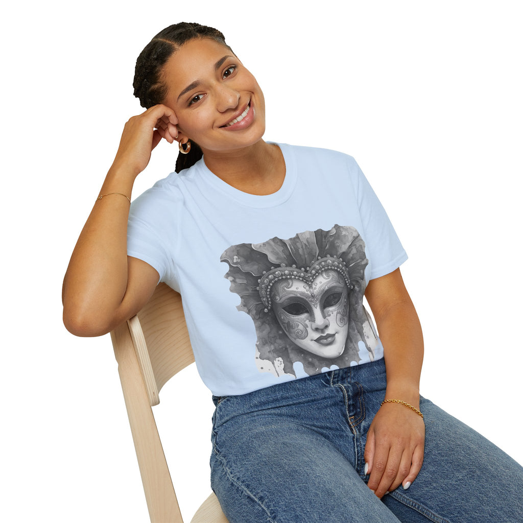 Light blue face T-shirt with watercolor masquerade mask graphic on chest