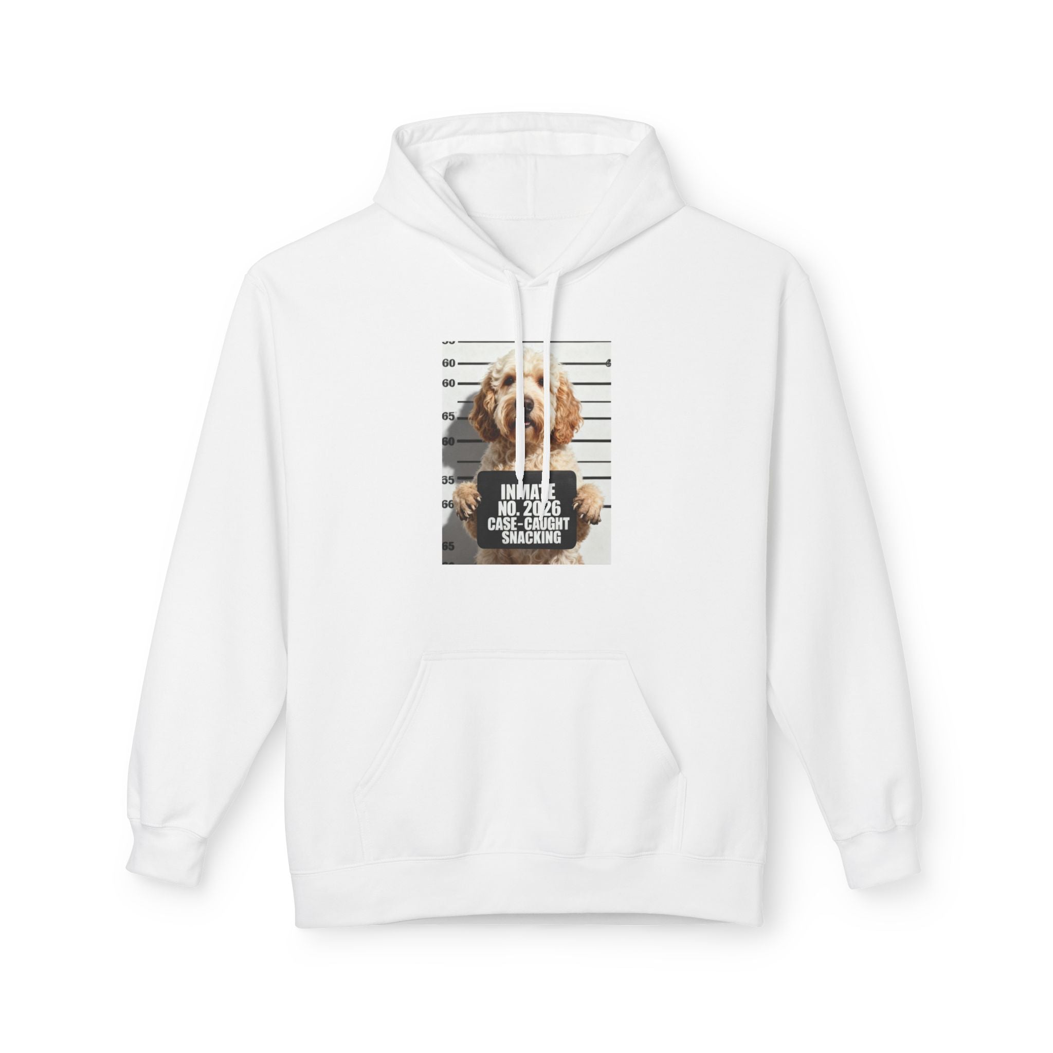White hoodie with front hood and centered dog mugshot graphic