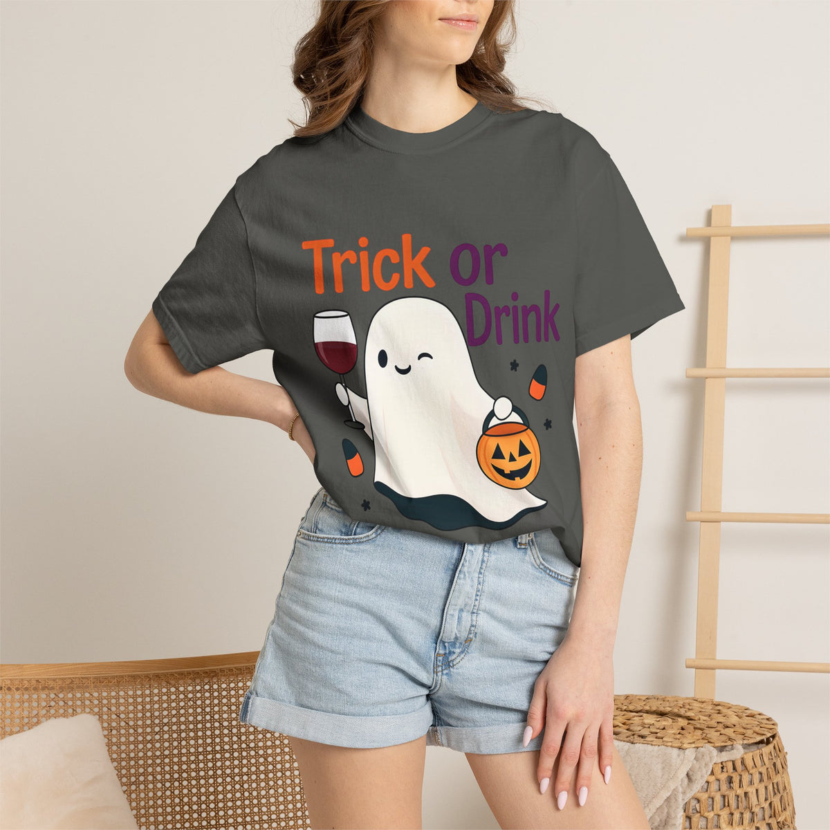 Dark gray Halloween ghost t-shirt with 'Trick or Drink' text and pumpkin graphic