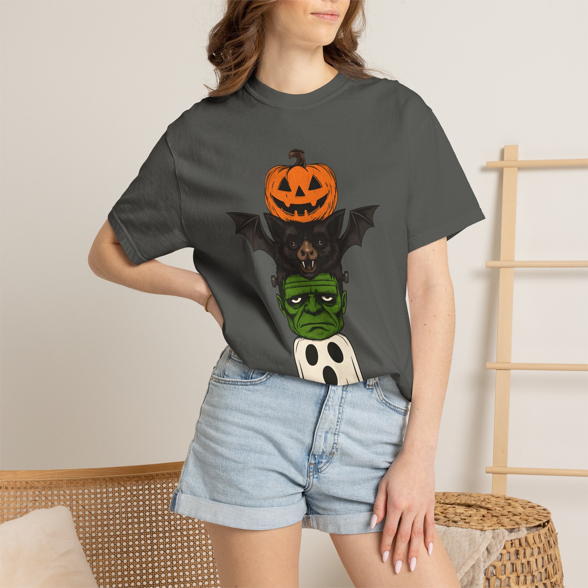 Halloween Stack Graphic T-Shirt — Pumpkin, Bat, Frankenstein & Ghost Design