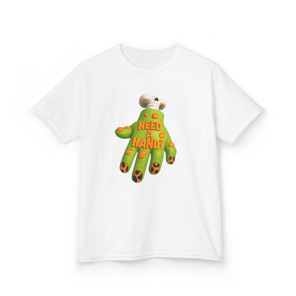 White kids tee with centered green cartoon hand graphic reading “NEED A HAND?”