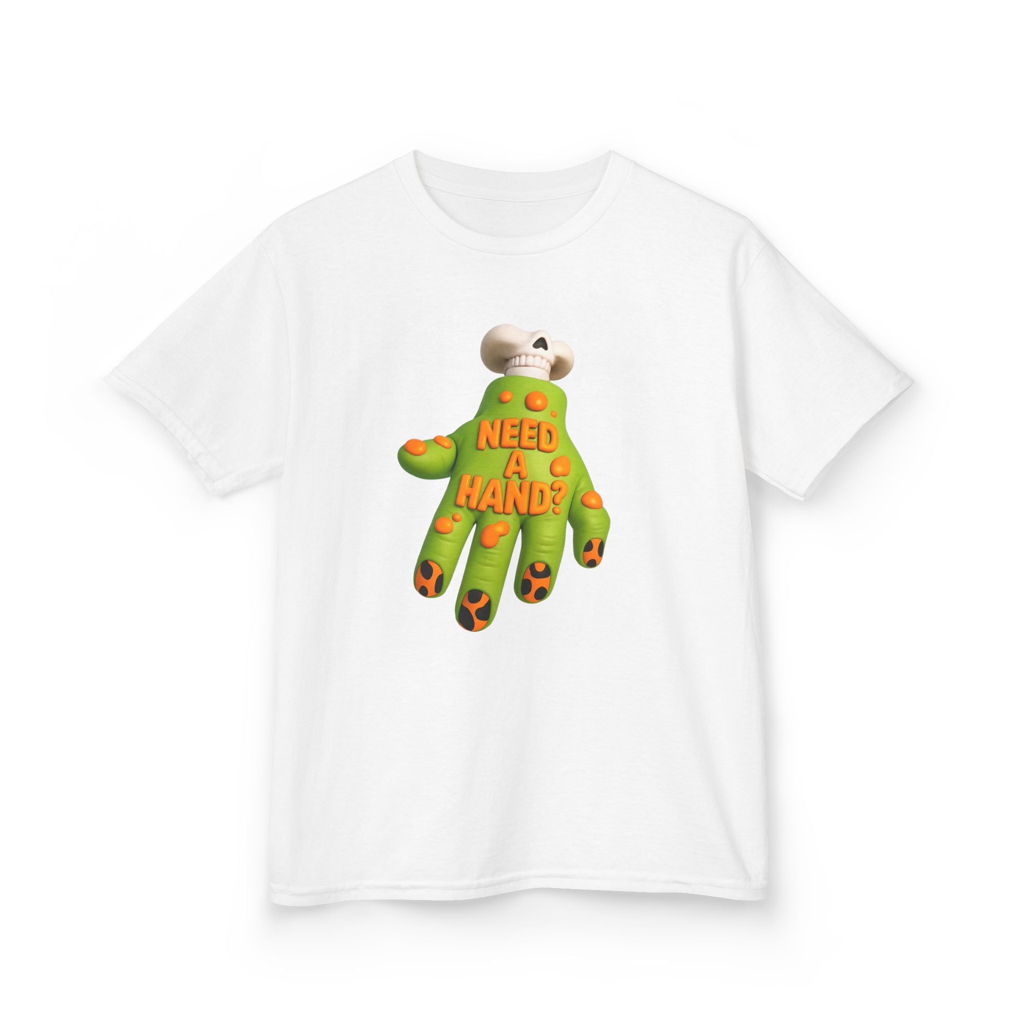 White kids tee with centered green cartoon hand graphic reading “NEED A HAND?”