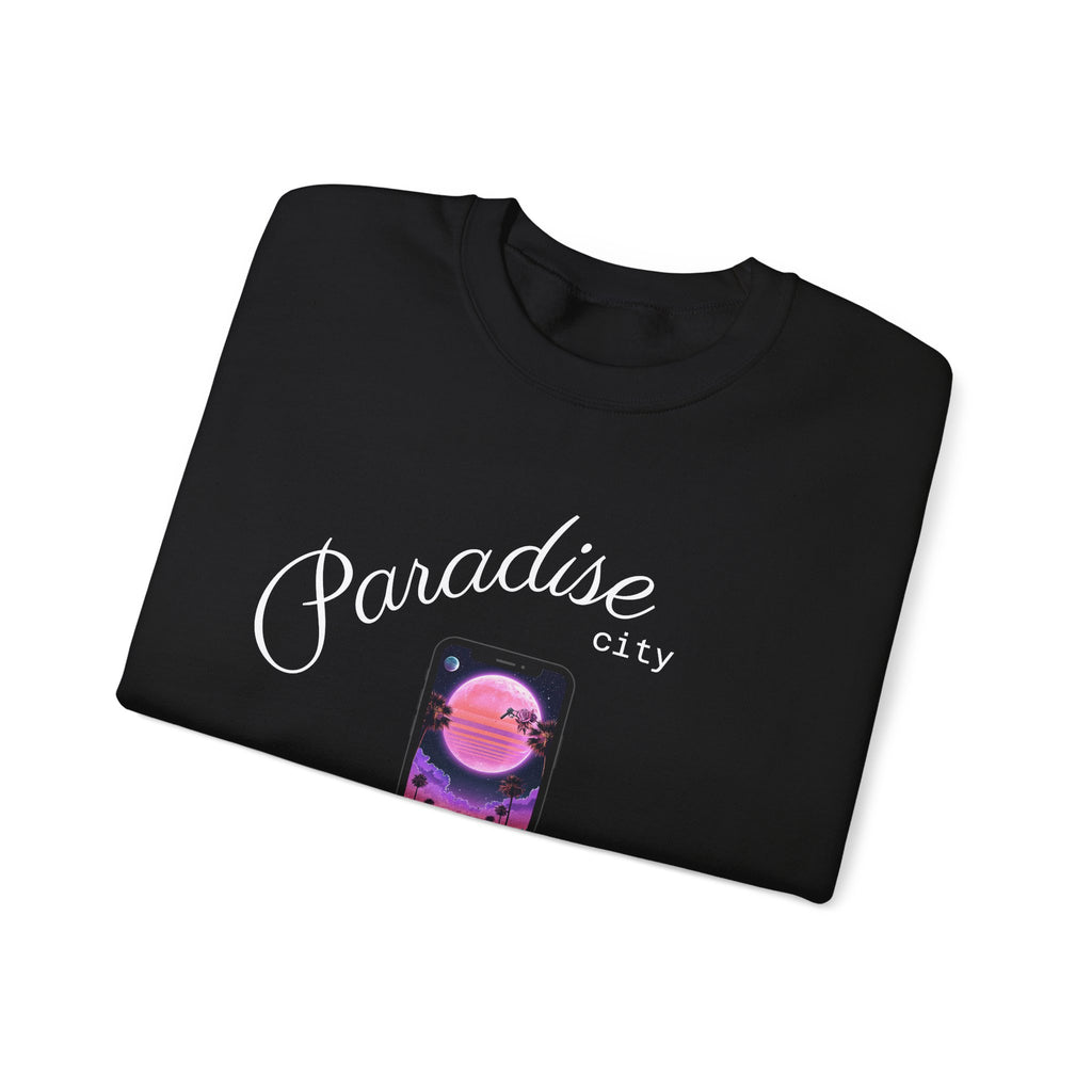 Black crewneck sweatshirt folded with “Paradise city” phone graphic