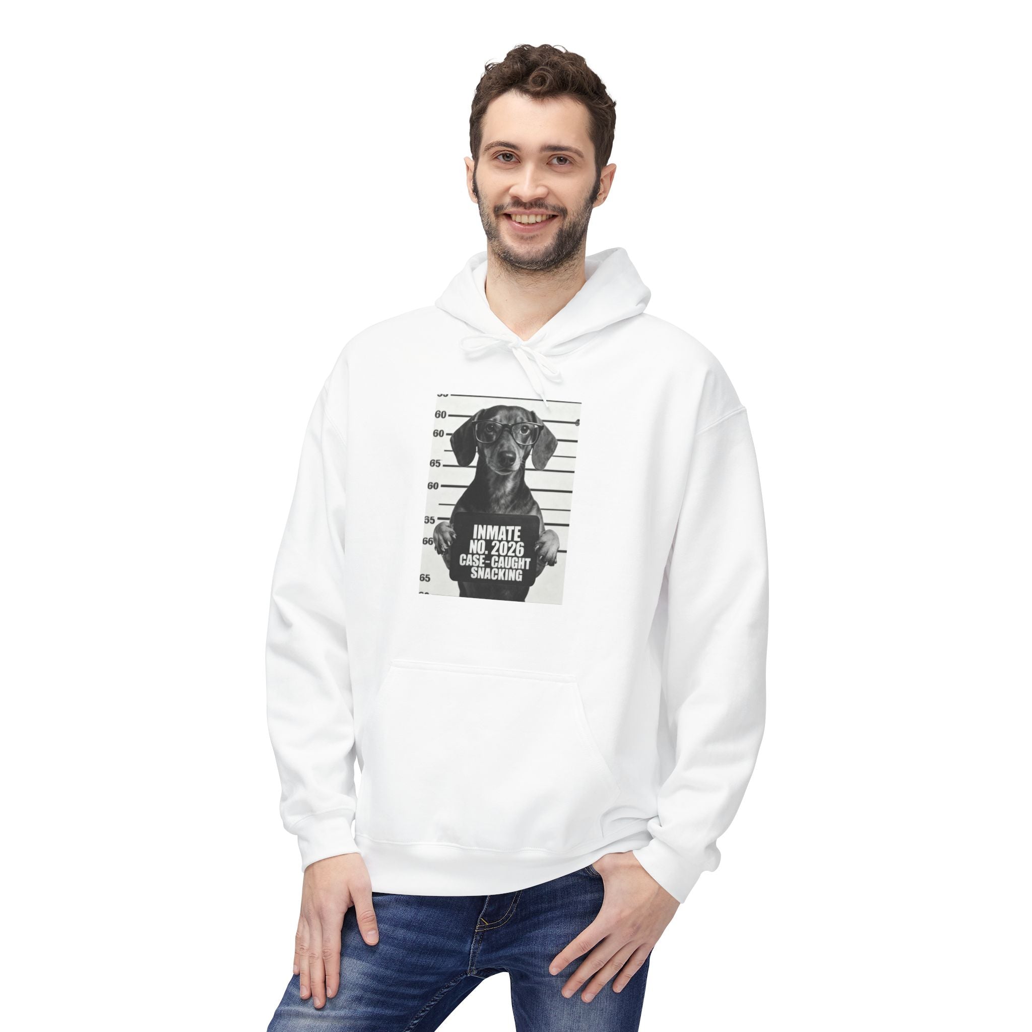 White pullover hoodie with drawstring hood, front graphic print, and kangaroo pocket.