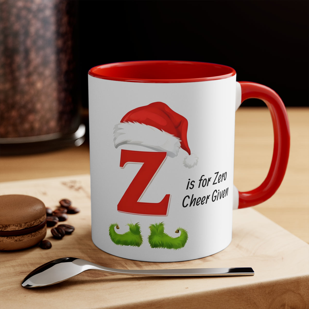 White mug with red handle and interior, letter Z with Santa hat and zero cheer text