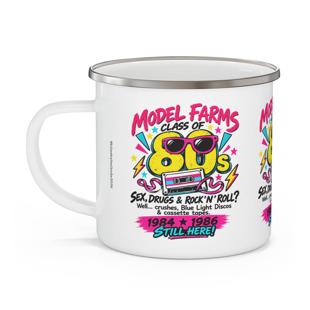 White enamel camping mug with retro cassette graphic, metal lid rim and side handle