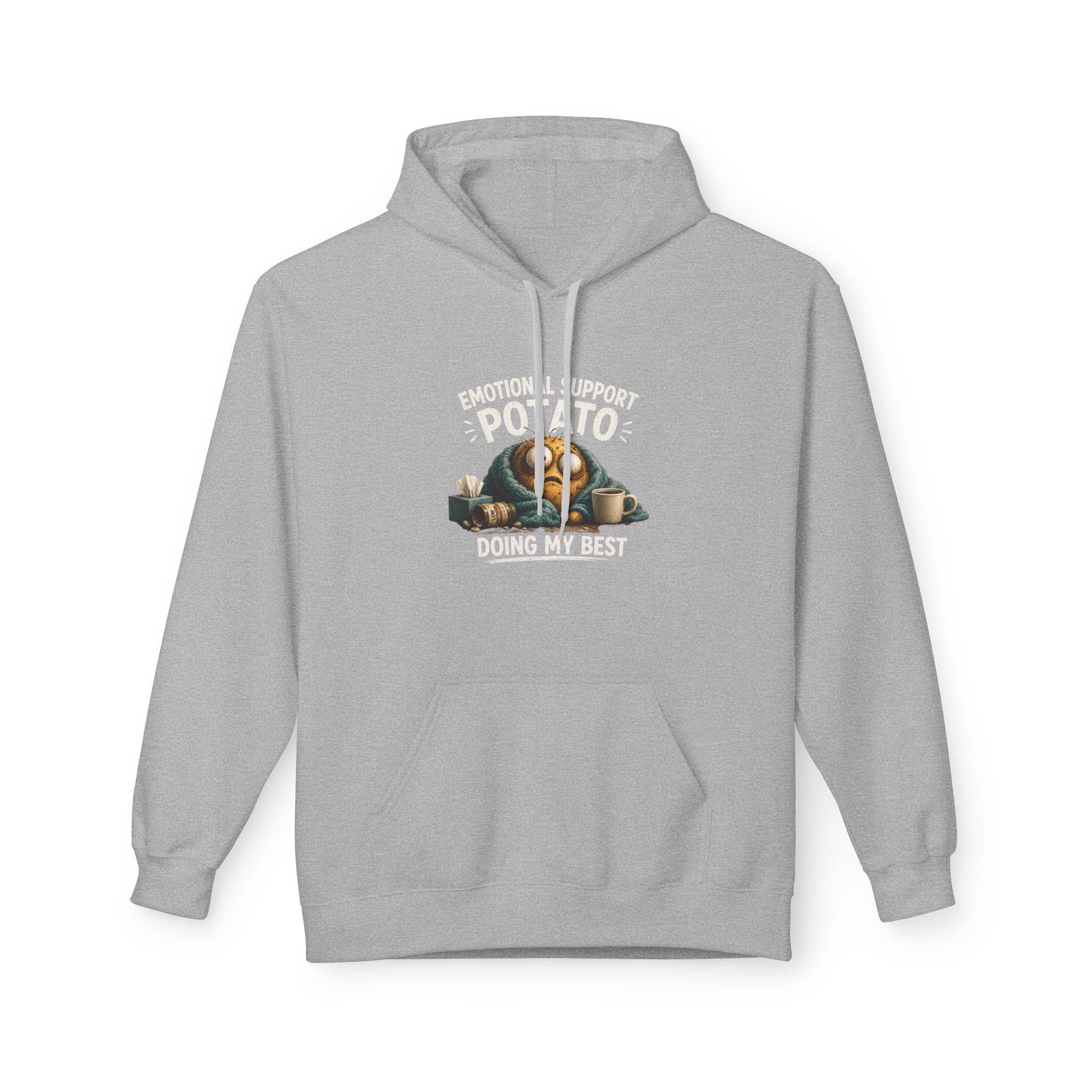 Light gray pullover hoodie with front potato graphic and "Doing my best" text
