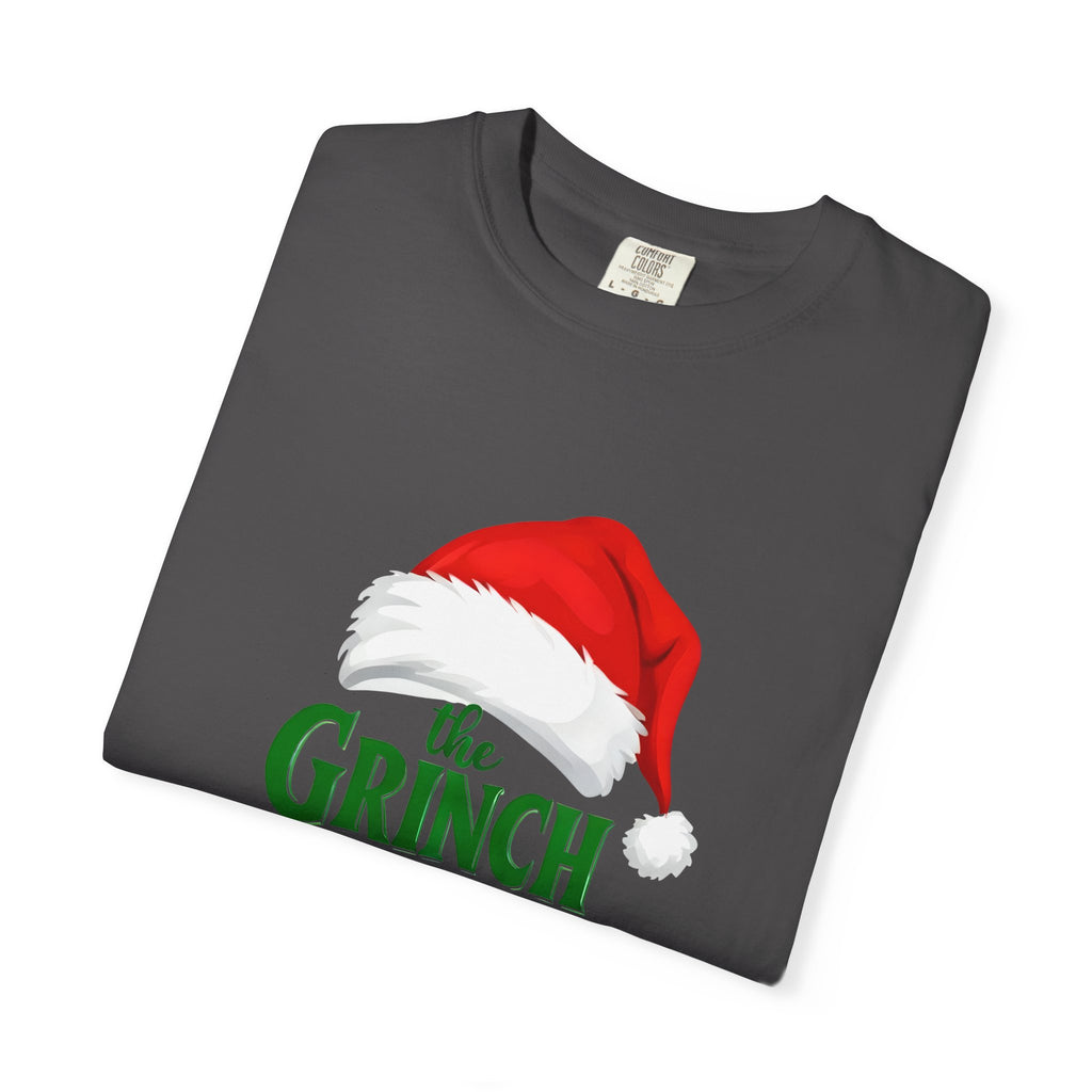Grey crewneck T-shirt (folded) with Grinch wearing red Santa hat graphic
