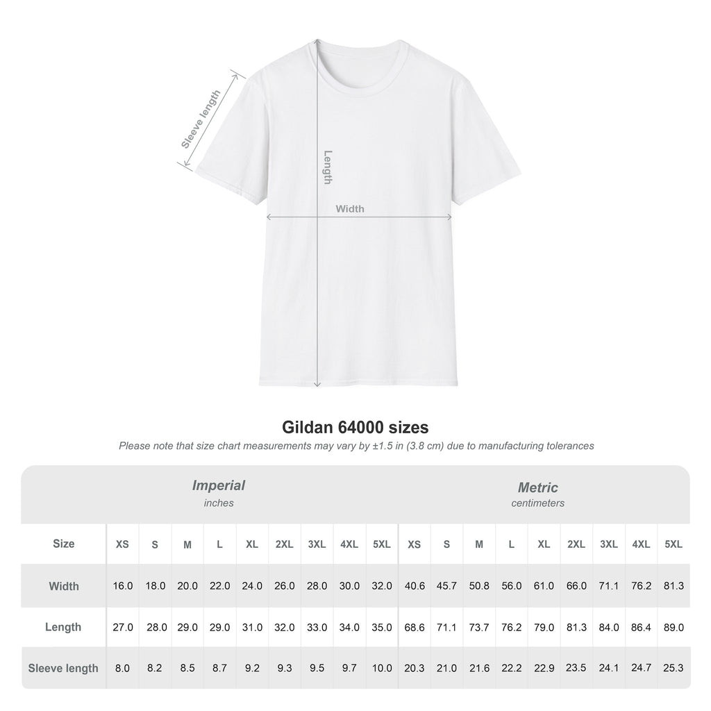 T-shirt size chart for white crew-neck graphic tee