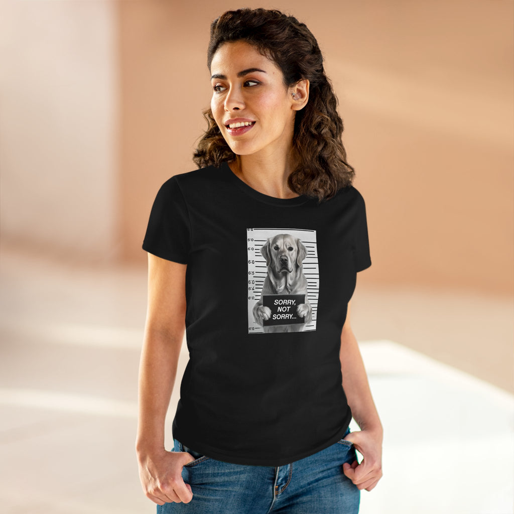 Black cotton T-shirt with dog mugshot graphic and 'Sorry not sorry' text patch on front