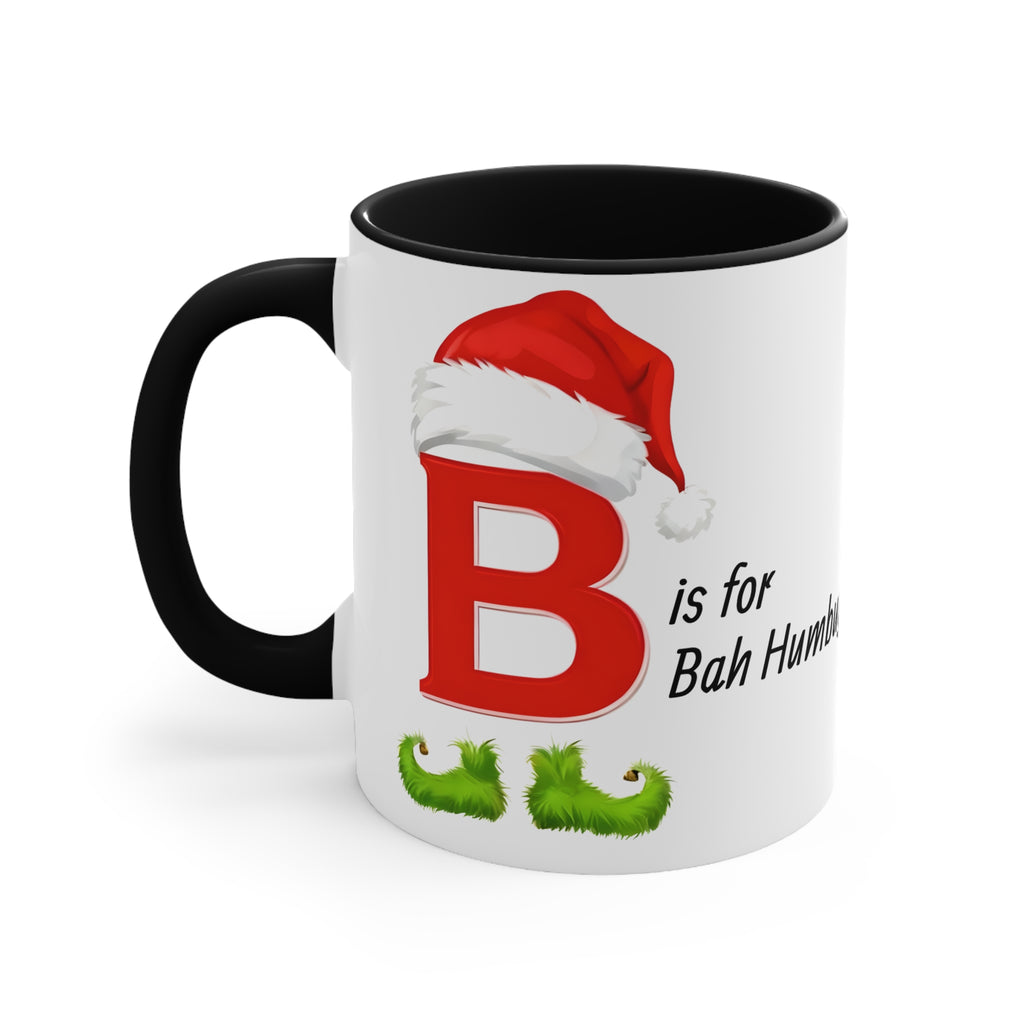 Christmas letter B mug, white with black handle and interior, Santa hat “B” and “Bah Humbug”