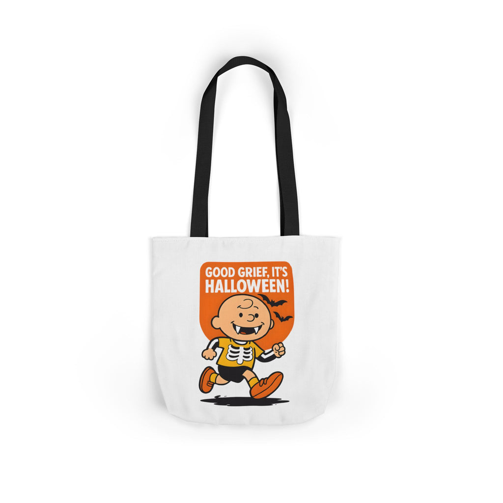 White canvas tote bag with black handles and “Good Grief, It’s Halloween!” front print.