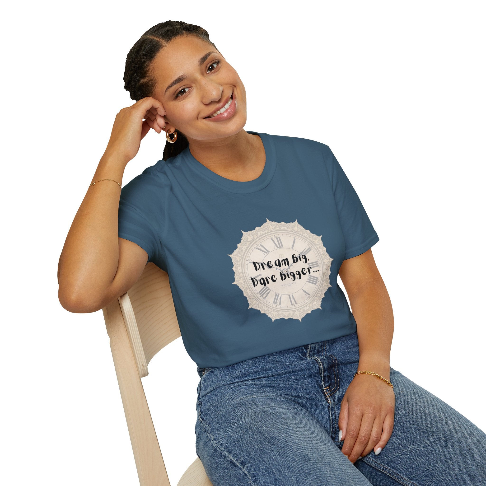 Blue crewneck T-shirt with "Dream big, dare bigger..." clock graphic on chest