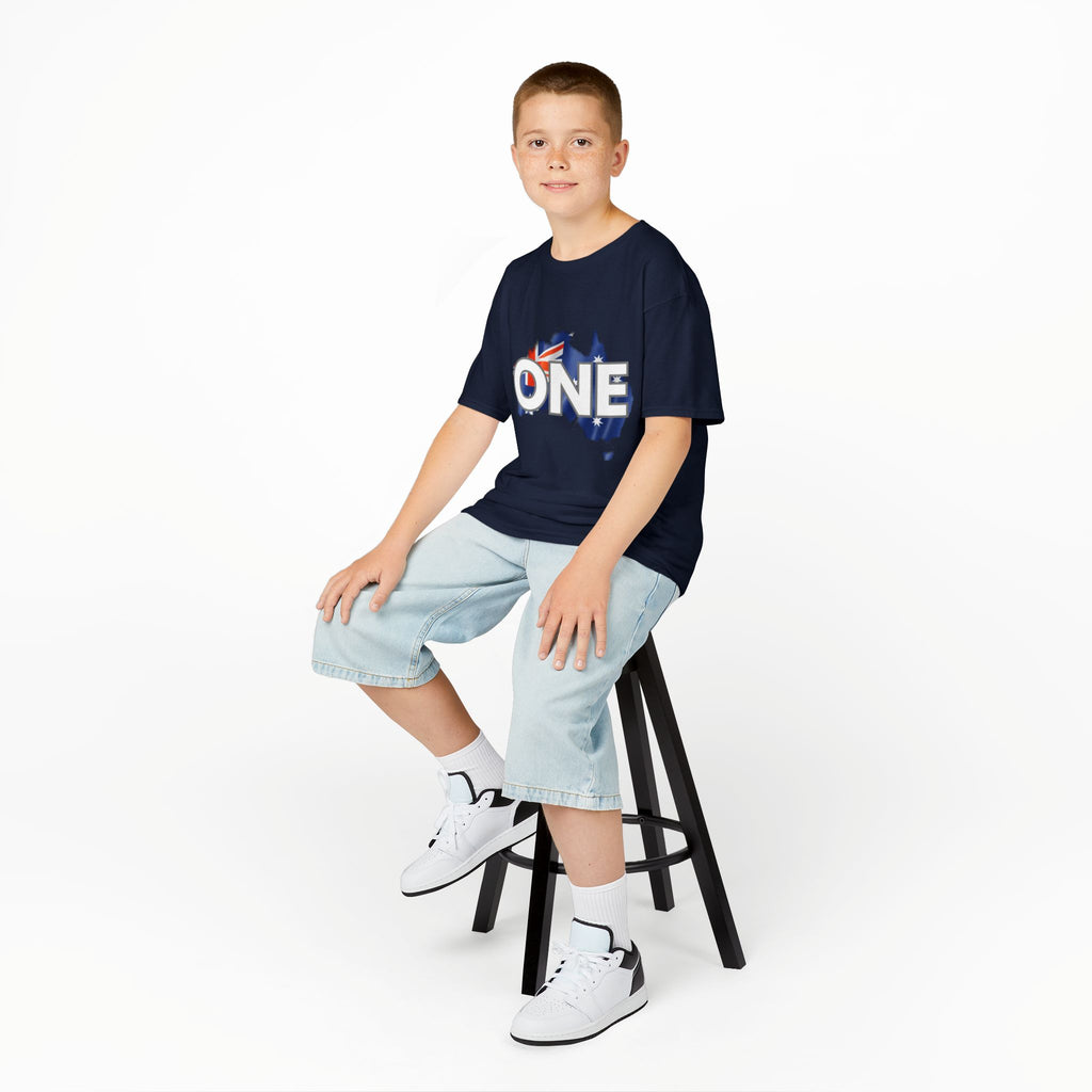 Kids Tee — "ONE" Australia Map Flag Unity Design (Patriotic Australia Day Shirt)