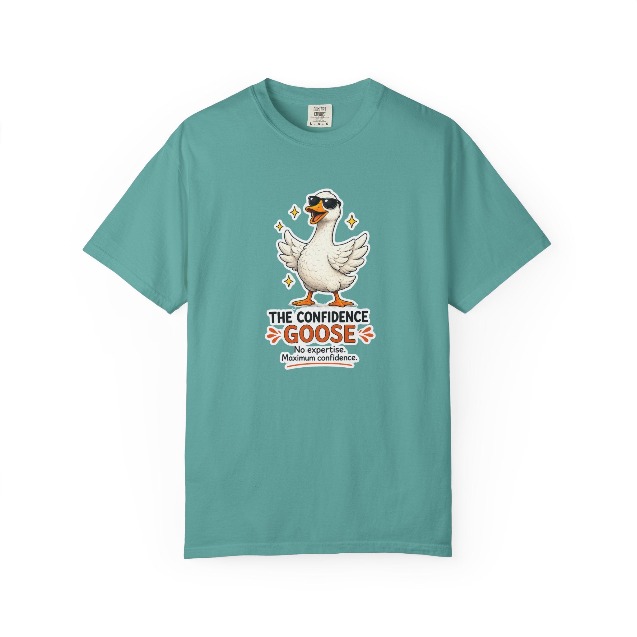Teal goose graphic T-shirt with motivational text