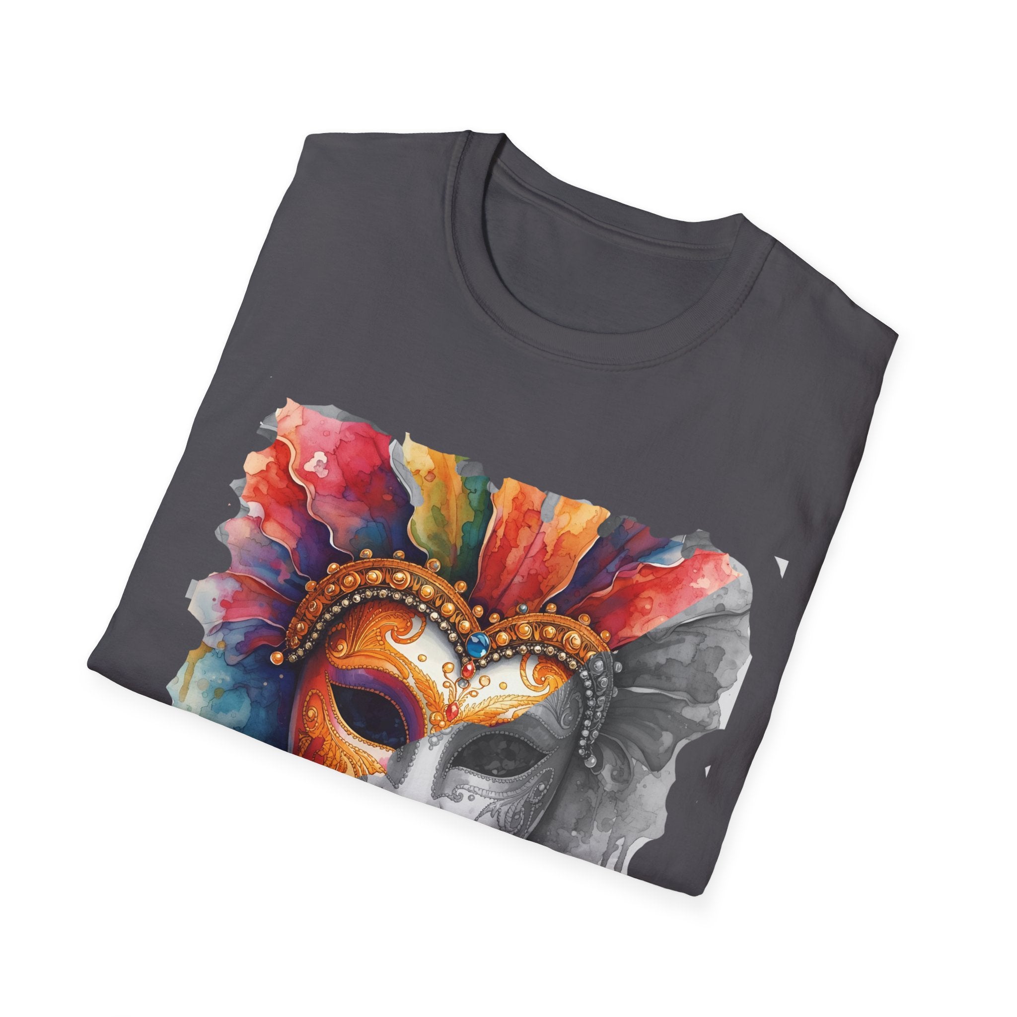 Charcoal crew-neck t-shirt with watercolor masquerade face mask graphic, flat lay