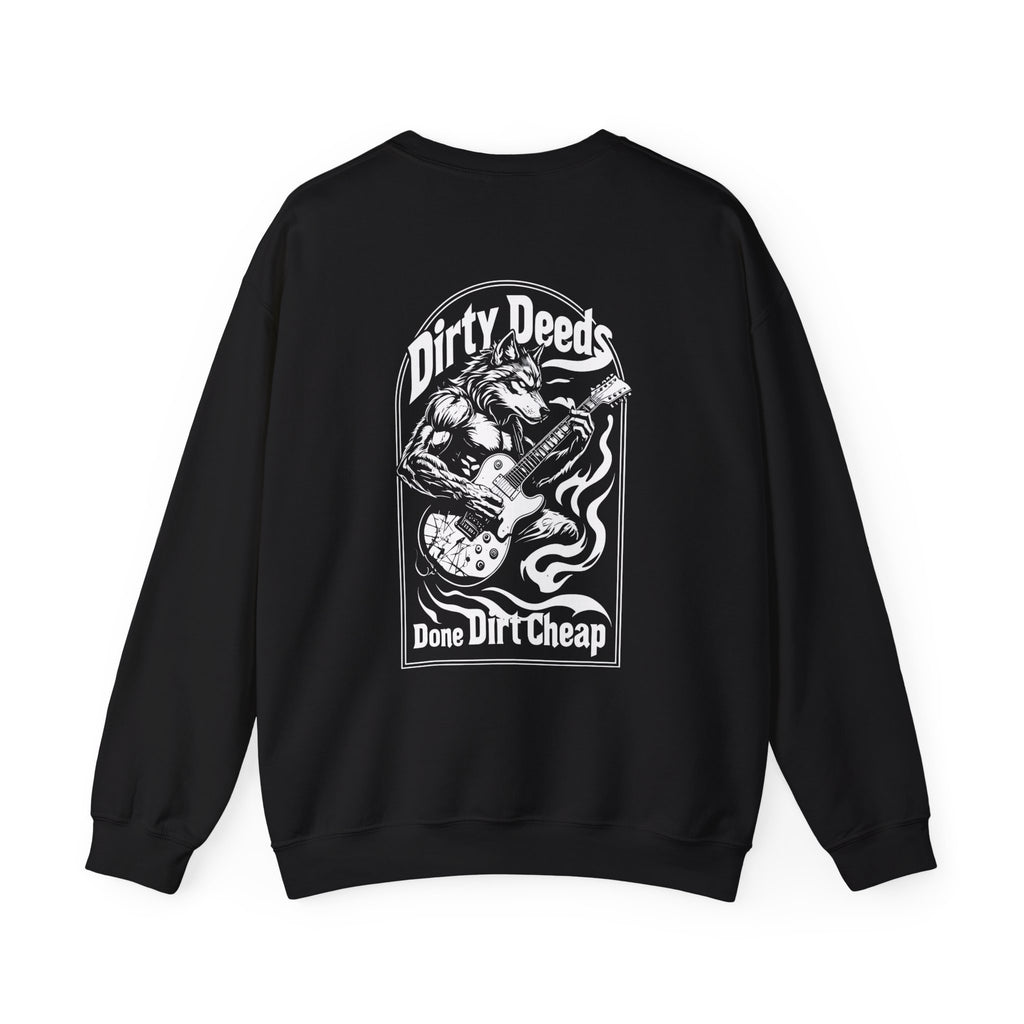 Black crewneck sweatshirt, front graphic of wolf playing guitar with flame accents