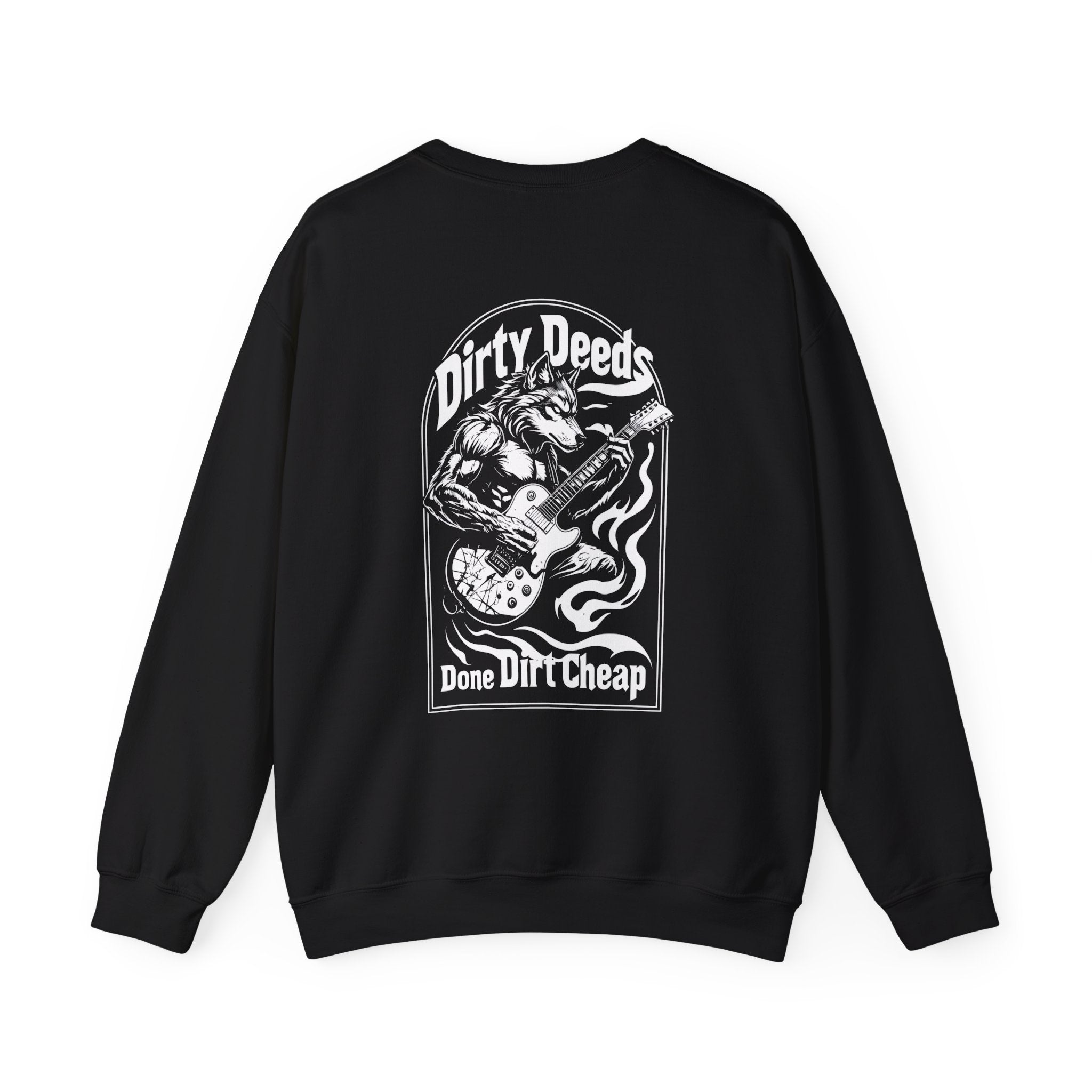 Black crewneck sweatshirt, front graphic of wolf playing guitar with flame accents