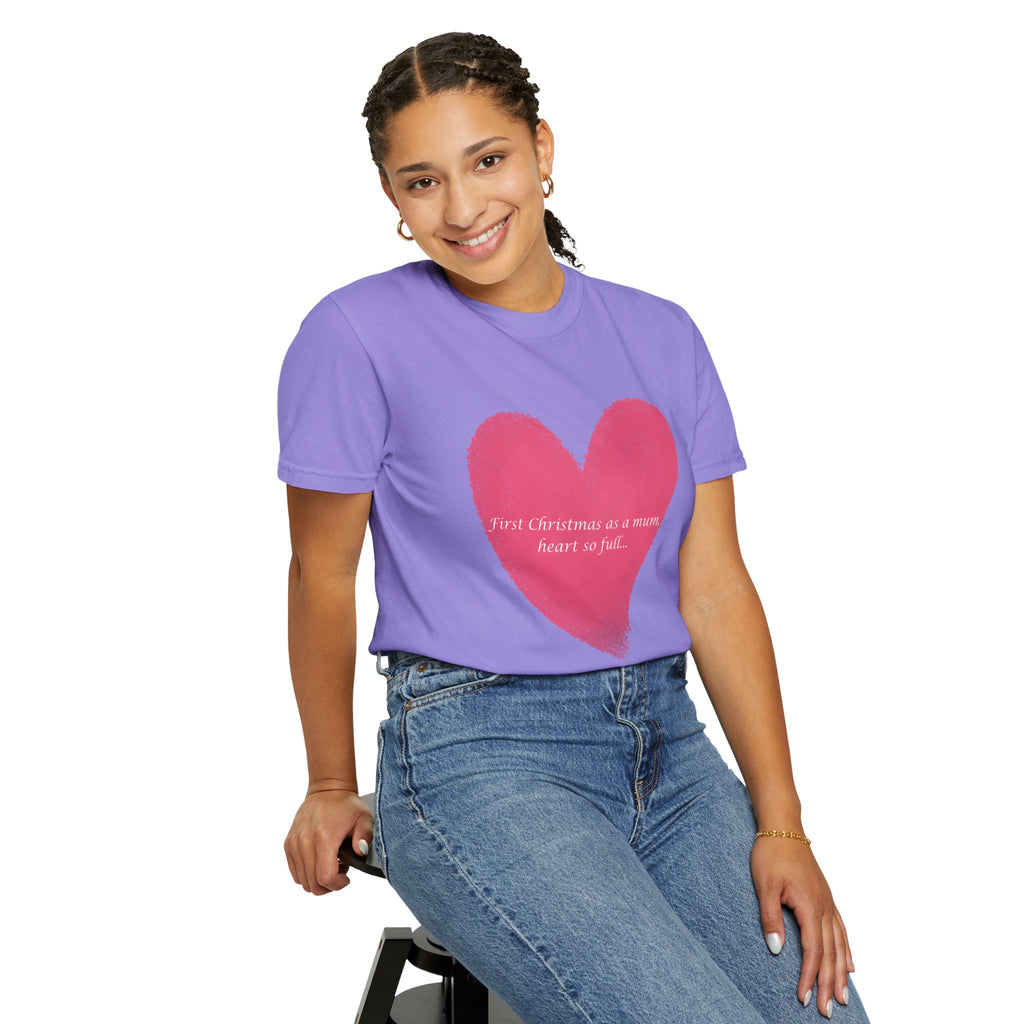 Lavender short-sleeve T-shirt with red painted heart graphic on the chest