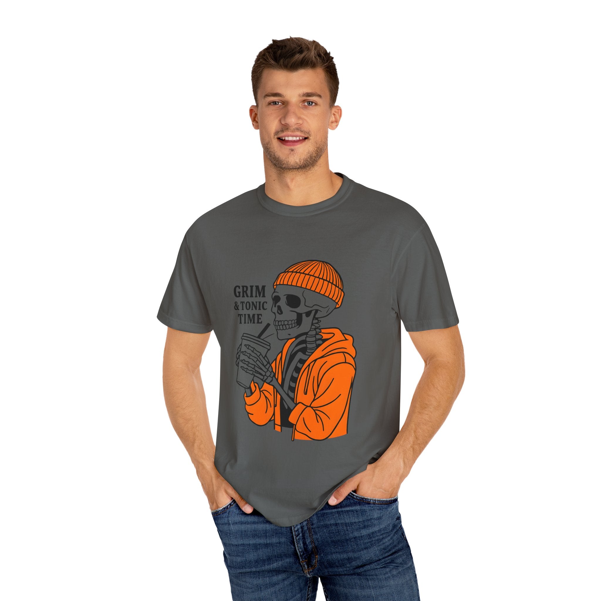 Dark gray unisex graphic tee with Grim & Tonic Time skull in orange jacket front print