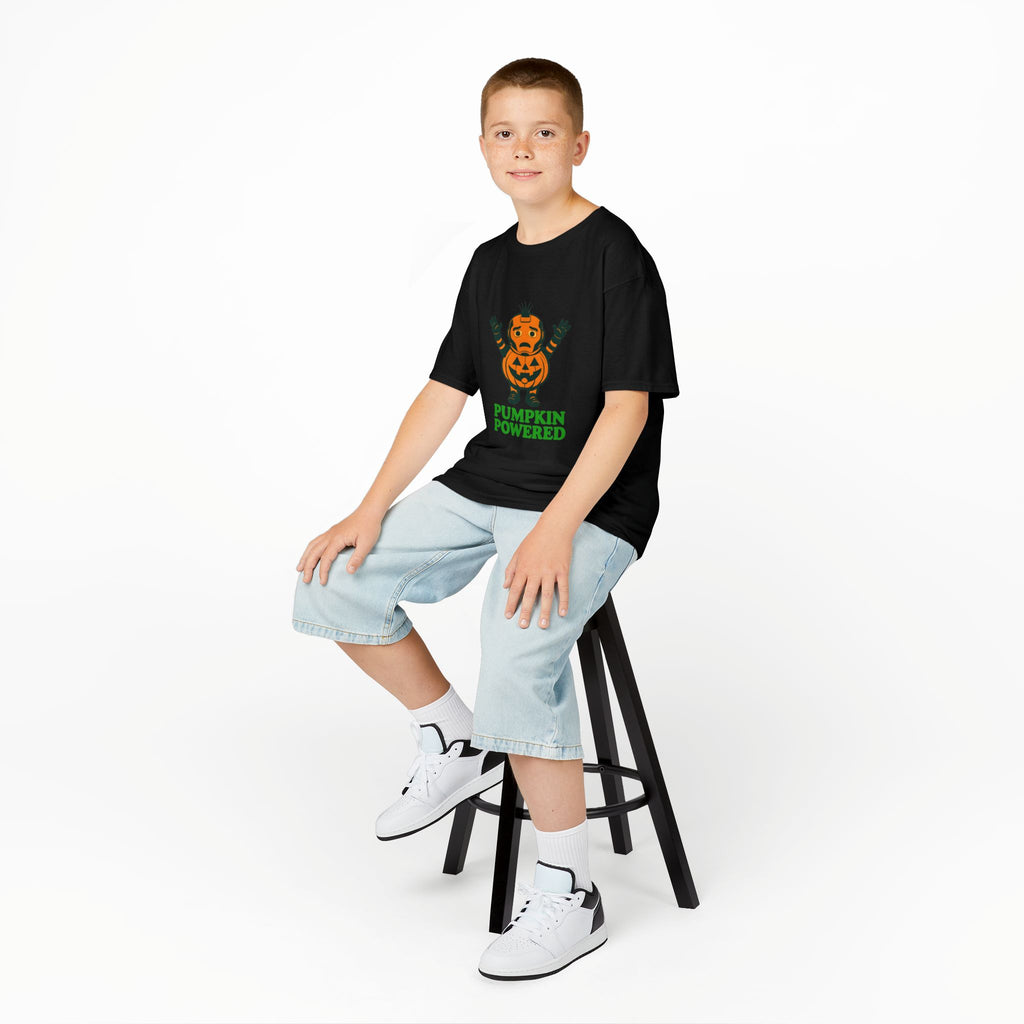 Kids Halloween t-shirt, black with pumpkin-powered jack-o-lantern graphic
