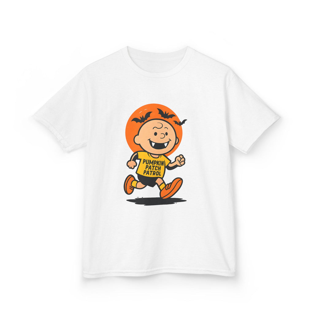 White kids T-shirt front view with orange pumpkin patrol character print
