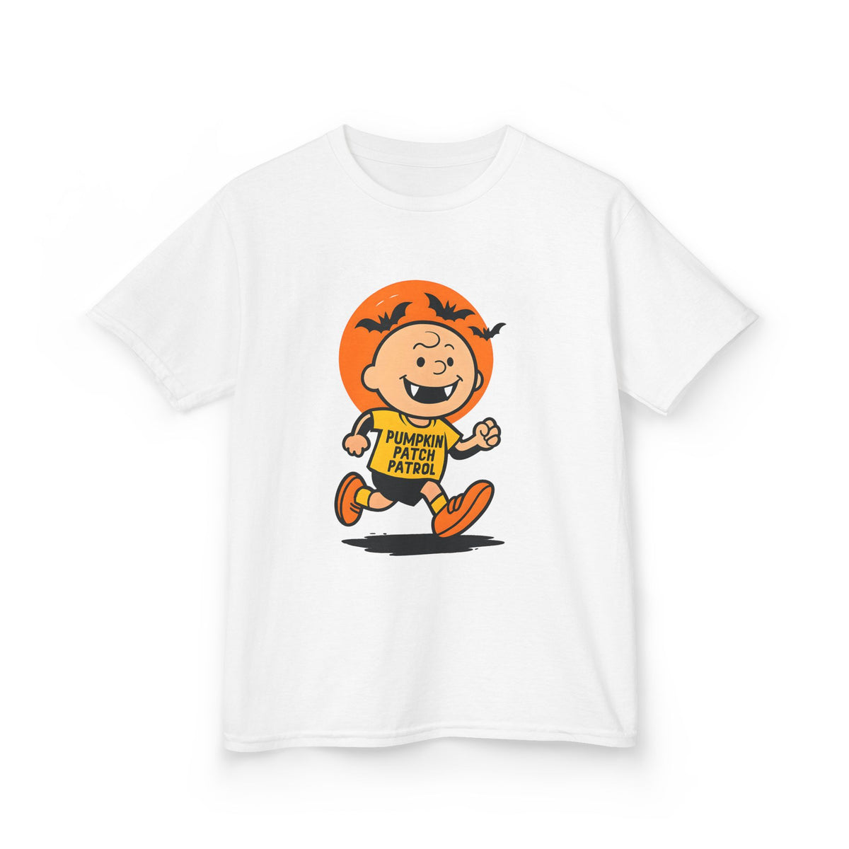 White kids T-shirt front view with orange pumpkin patrol character print